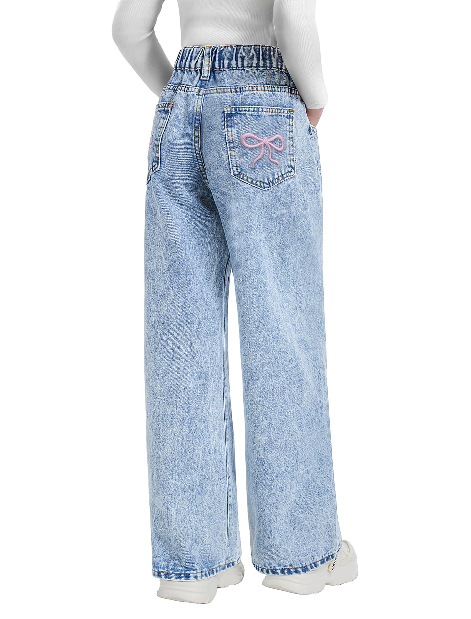 Jeans for Girls Baggy Wide Leg Cute Bow High Elastic Waisted Denim Pants Y2K Boyfriend Skater Streetwear 7-14Y
