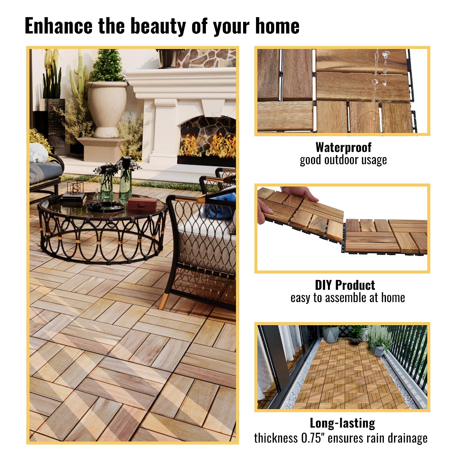 10 Pcs Outdoor Interlocking Deck Tiles, 12"x12" Acacia Wood Tiles for Patio, Porch, Balcony & Poolside, Checker Pattern, Yellow