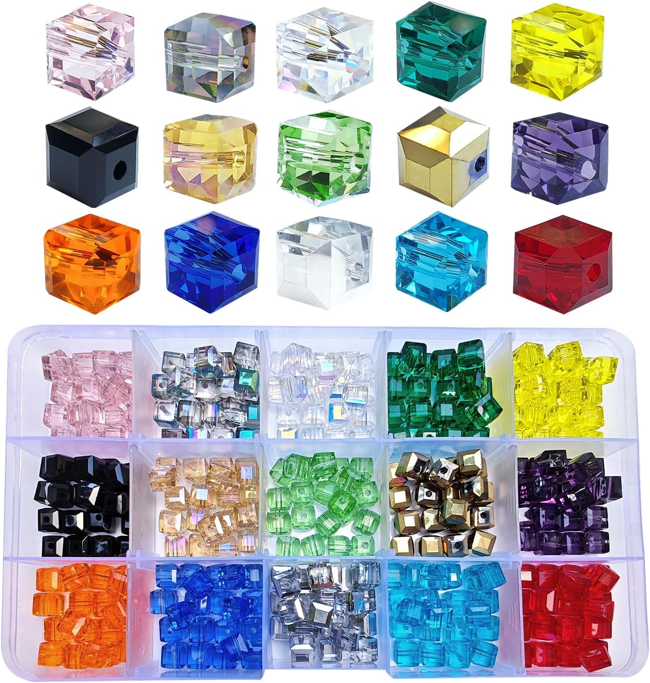 8mm Cube Glass Beads for Jewelry Making 300pcs Faceted Square Shape Colourful Crystal Spacer Beads Assortments Supplies Accessories for Bracelet Necklace with Cord