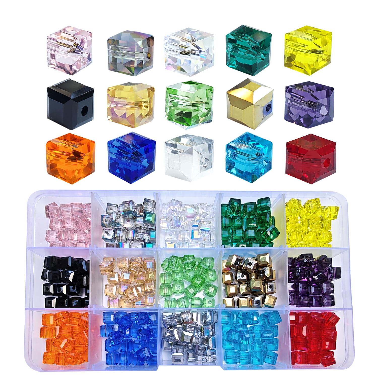 8 mm große Glasperlen für Schmuckherstellung, 300 Stück, AB-Farbe, facettiert, quadratische Form, bunte Kristallperlen, Sortiment, Zubehör für Armband, Halskette mit Kordel
