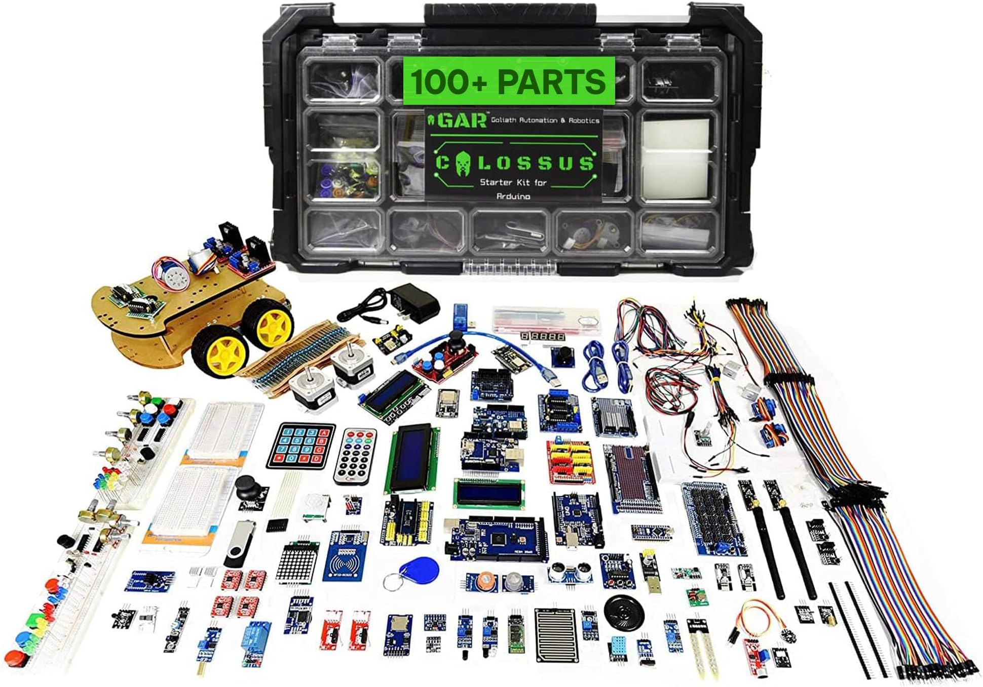 GAR Colossus Starter Kit for Arduino Uno Mega Nano - Complete Advanced Set, 5 Main Boards - 30 Sensors, 10 Shields with ESP32 WiFi + Bluetooth Modules for Wireless Robotics Smart Car