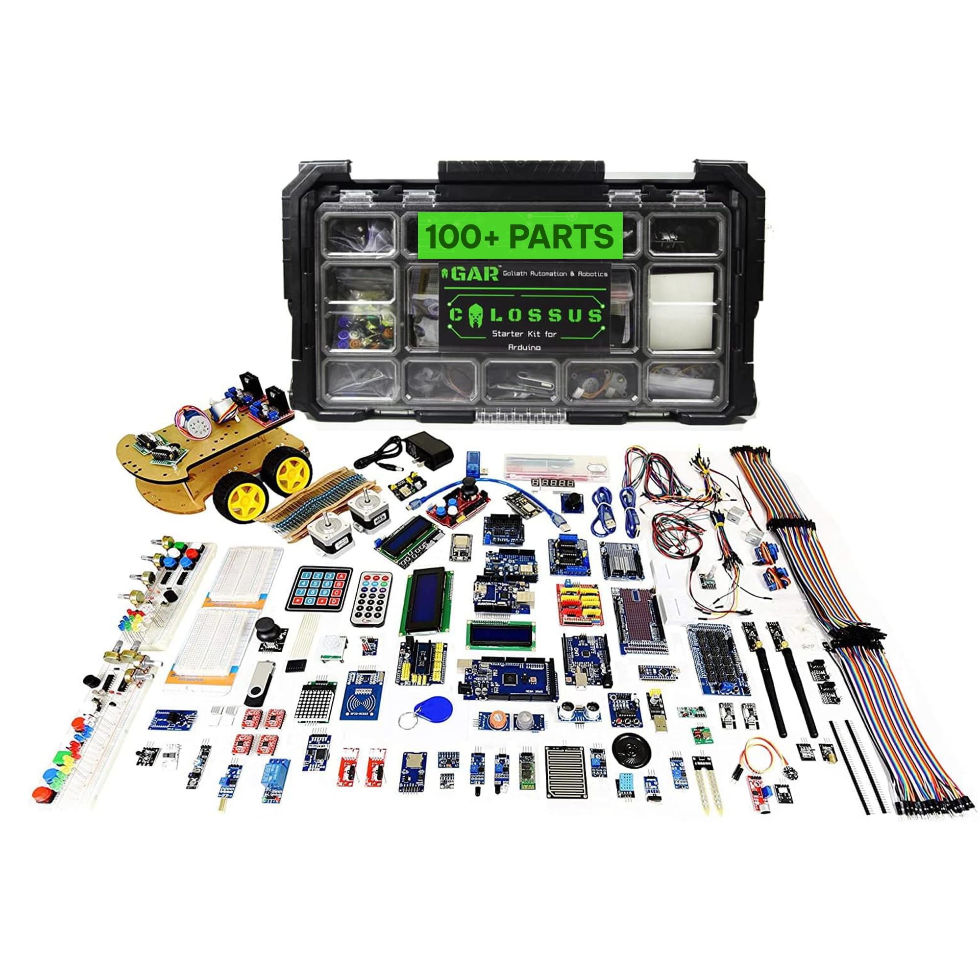 GAR Colossus Starter Kit for Arduino 5 Main Boards 30 Sensors (Uno R3, Mega 2560, Nano V3, ESP8266, ESP32) | 100+ Parts, IoT, Wireless & Smart Robot Car Projects Husky Tool Box + Tutorials