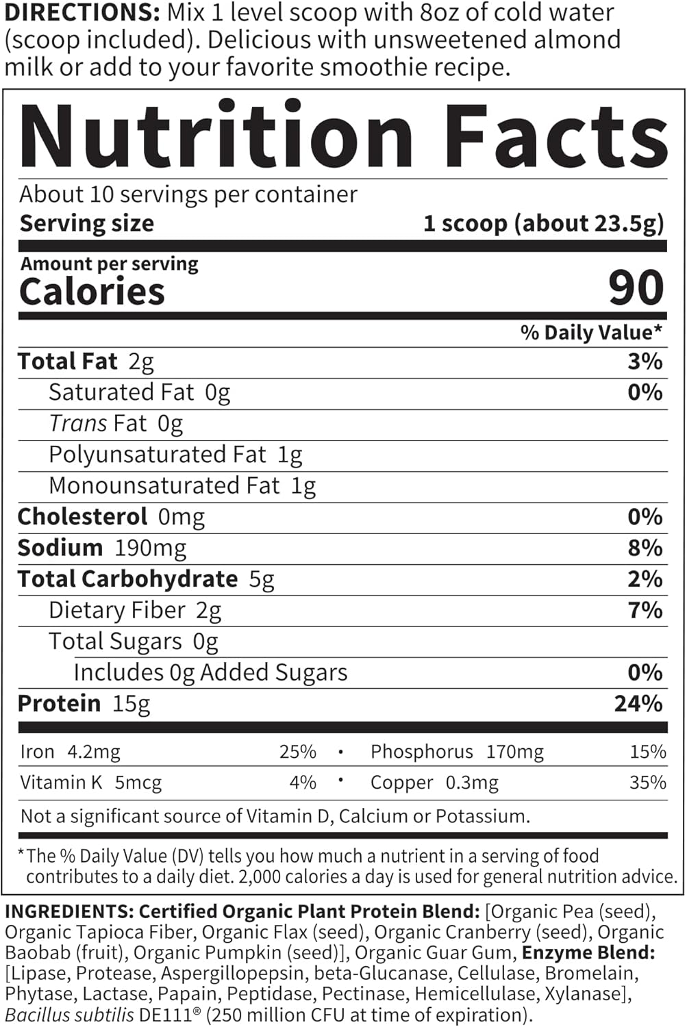 Garden of Life Organic Plant Protein Unflavored Protein Powder with Probiotics & Enzymes – Plant Based Powder, Amino Acids, Non-GMO, Grain-Free, Gluten-Free, Vegan, 10 Servings
