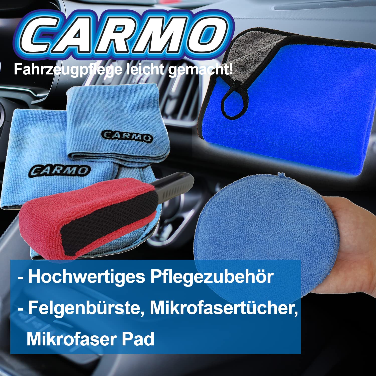 CARMO Autopflegeset Premium | 14-teilig | Außen- und Innenreinigung | Komplettset zur Fahrzeugwäsche | Geschenkset | inkl. Mikrofasertuch | inkl. Aufbewahrungseimer
