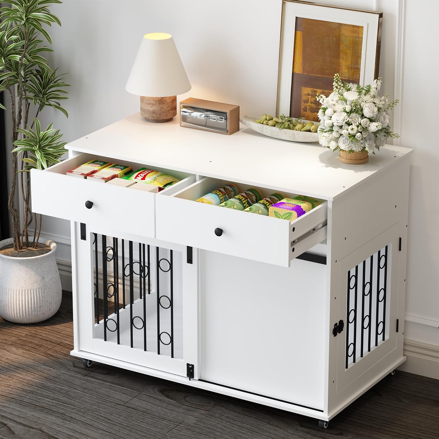 39.37'' Modern Wooden Dog Crate Furniture with Double Drawers and Sliding Barn Door, Decorative Pet Kennel End Table with Lockable Wheels, Stylish Dog Cage for Small to Medium Dogs – White