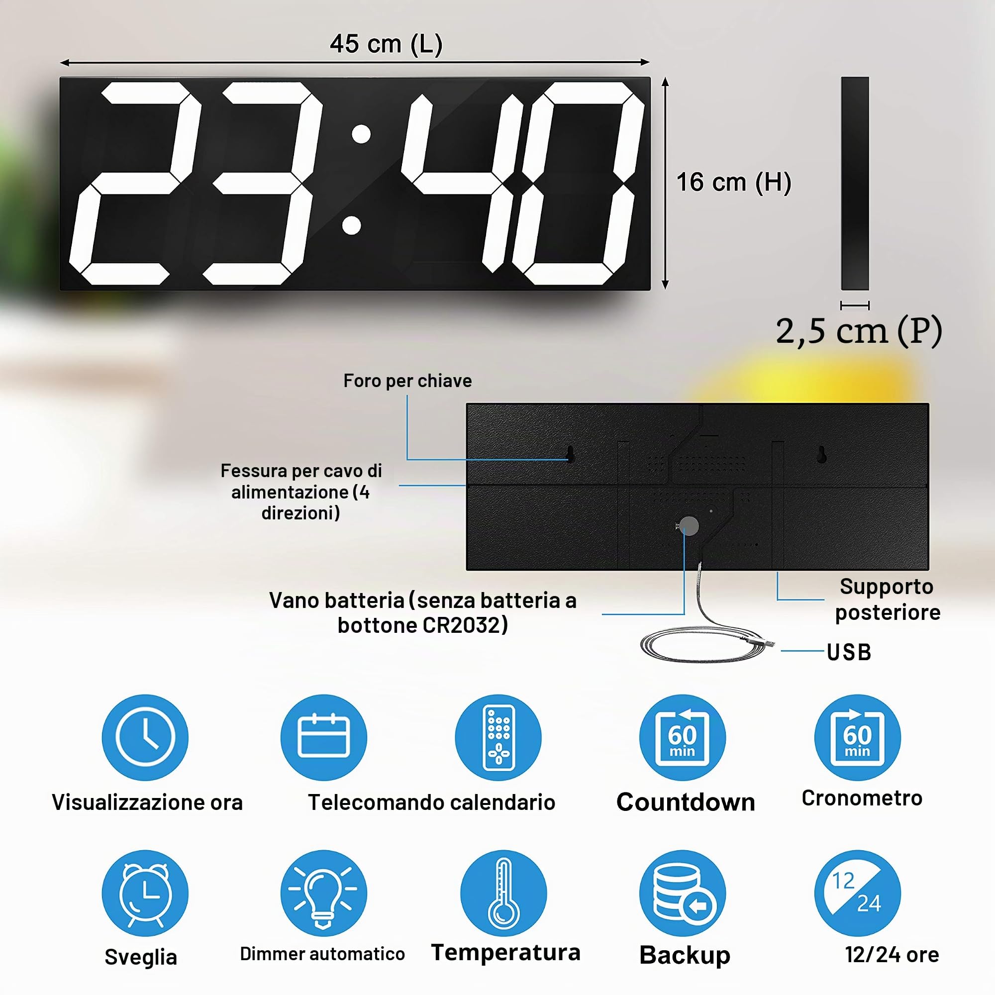 CHKOSDA Orologio digitale a LED, grande orologio da parete con display LED da 18 pollici, display 12/24 ore, visualizzazione della temperatura e del calendario (bianco)