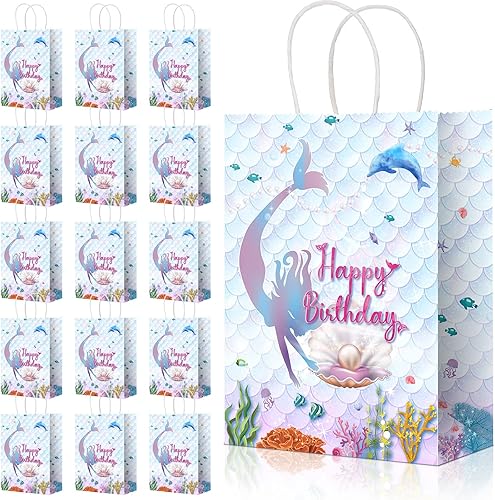 16 piezas de suministros de fiesta de sirena, bolsas de papel de sirena, bolsas de regalo con asas, diseño de sirena, cumpleaños, baby shower,