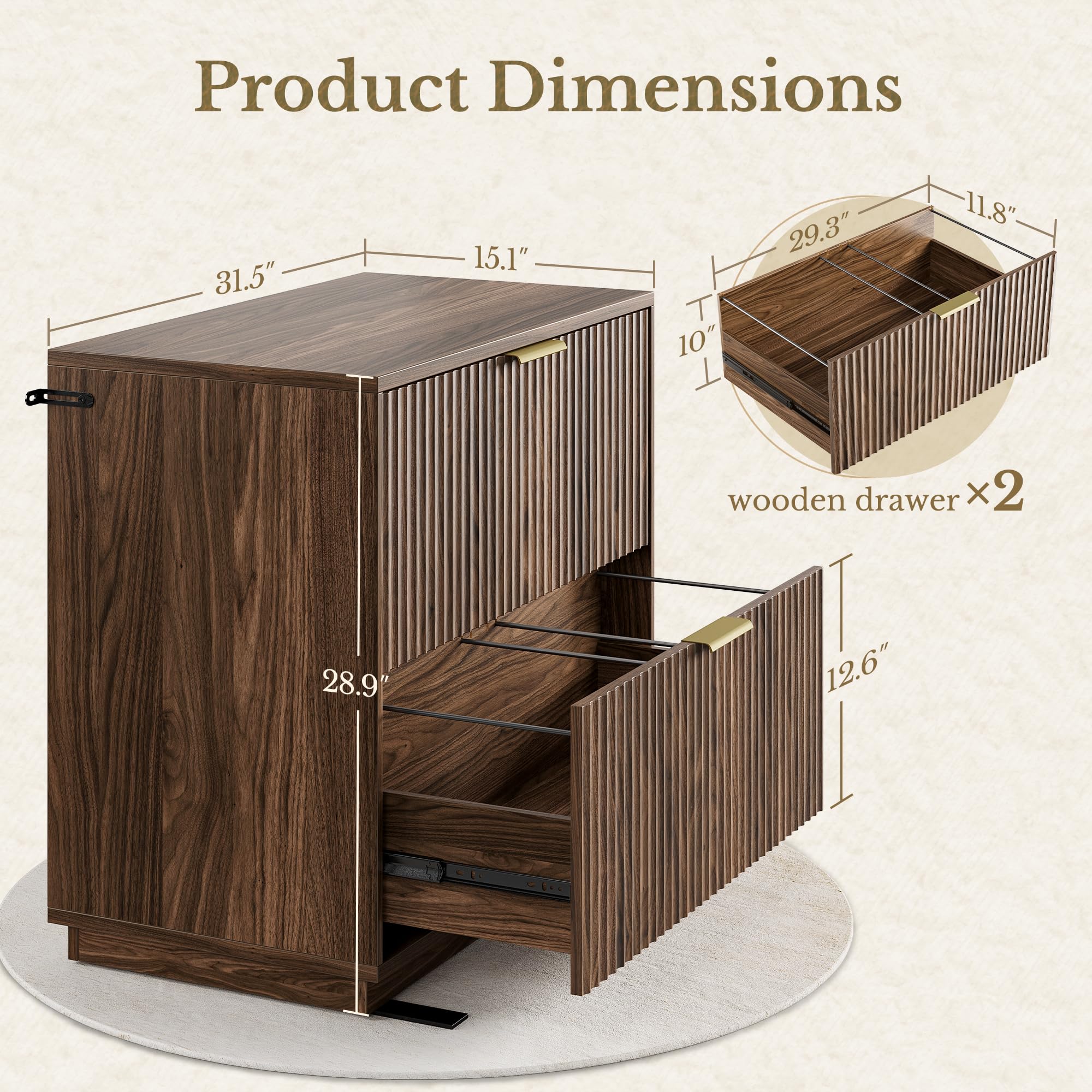 2 Drawer Fluted File Cabinet 32 Lateral File Cabinet for Legal Letter A4 F4 Size Hanging Files Wood — view 2