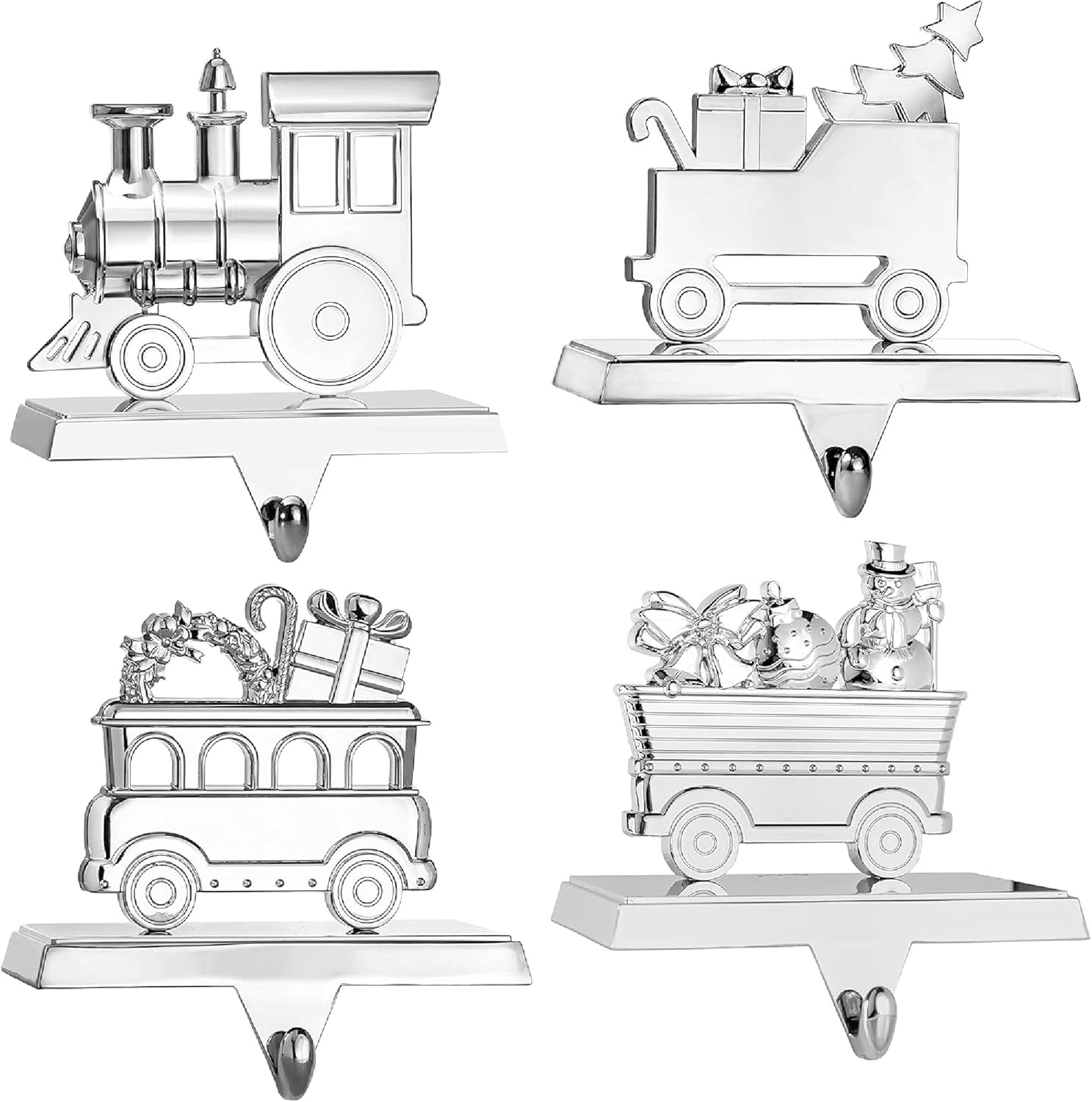 Klikel Stocking Holder Set of 4 - Christmas Train Stocking Hanger for Mantel - Shiny Silver Metal Christmas Stocking Holder for Fireplace Mantle - Heavy Stocking Holder for Mantle with Hook