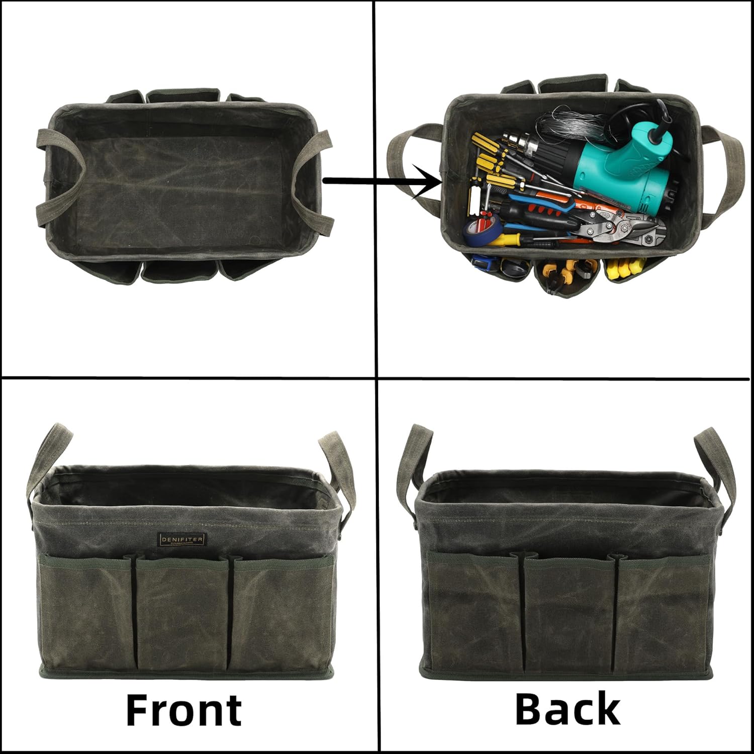 Tool Bag for Organizing, Waxed Canvas Wide Open Top Tool Tote Bag with 6 External Pockets, 13.8 x 7.8 x 7.8 Inches (ArmyGreen) - Image 4