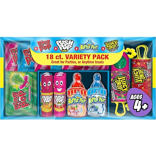 Bazooka Candy Brands Easter Candy Variety Pack, 18Ct Assorted Candy Lollipops, Bulk Individually Wrapped Ring Pop, Push Pop, & More, Birthday Party Favors, Easter Basket Stuffers, Egg Fillers, Gifts