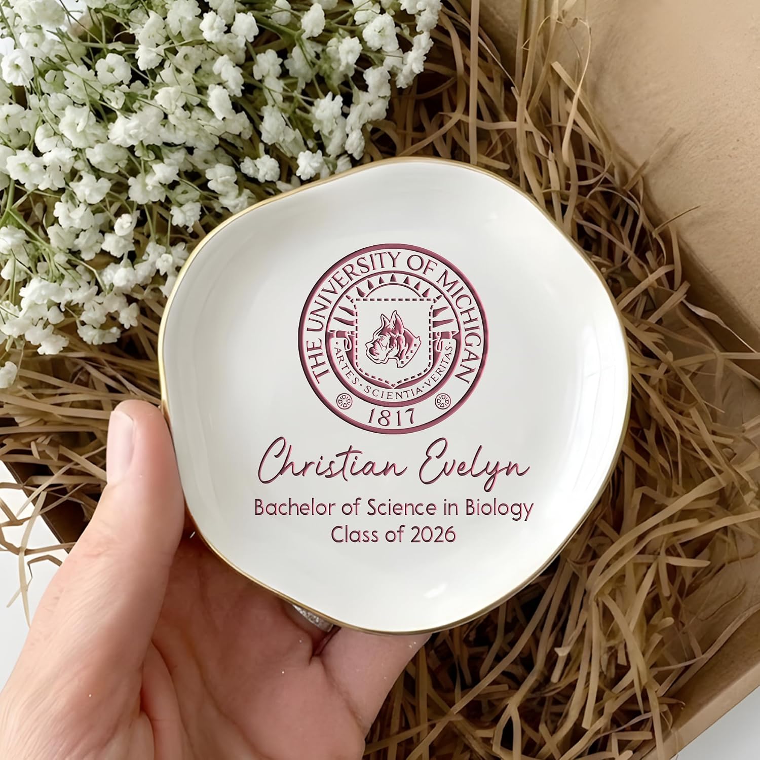 Custom College Logo Ring Dish, Personalized Jewelry Dish for Graduation - Class of 2026, Engraved University Logo Trinket Dish, College Grad Gifts for Women