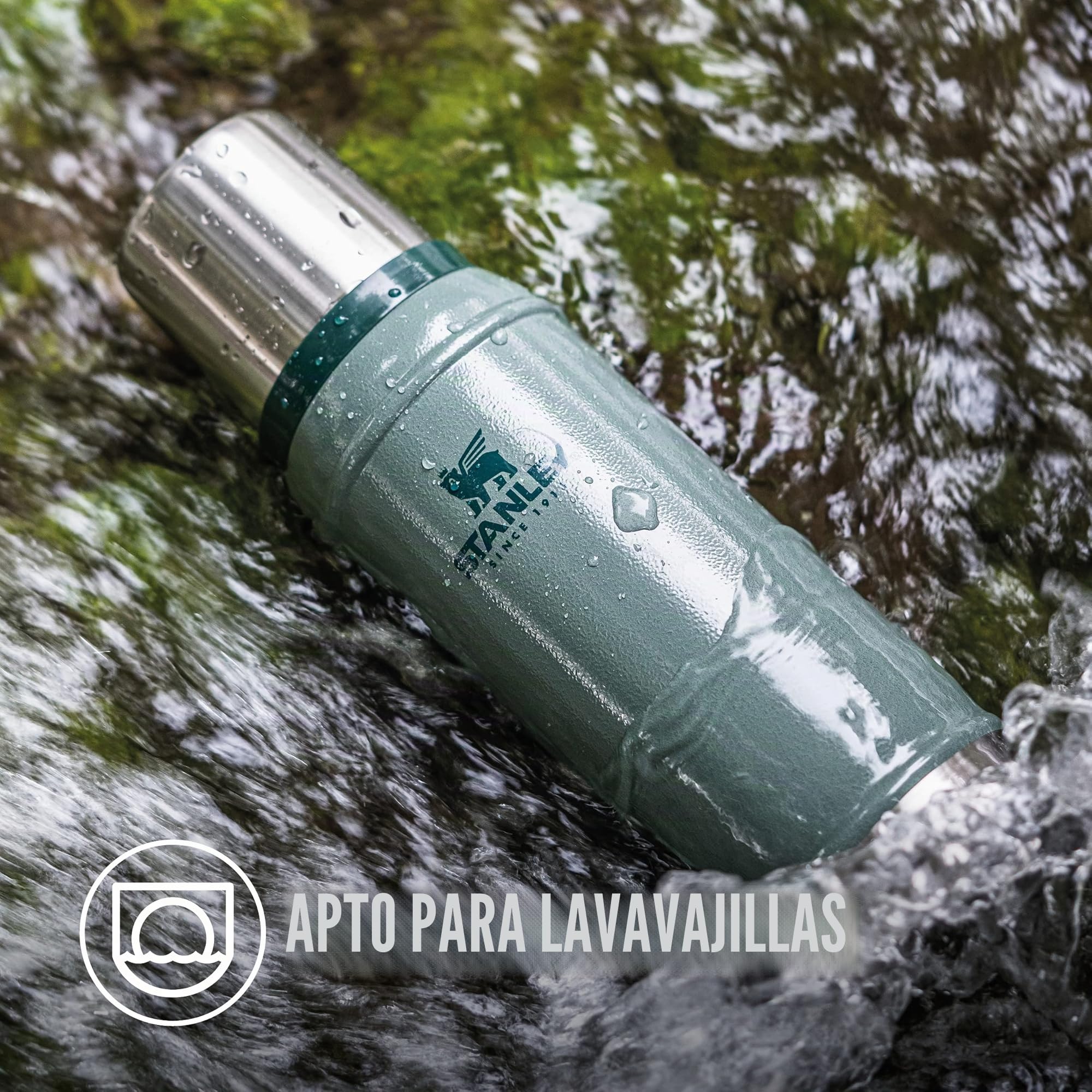 Stanley Classic Legendary Botella Termica 0.47L - Mantiene Frío o Calor 15 Horas - Termo Cafe - Cantimplora Acero Inoxidable - Sin BPA - Apto Para Lavavajillas - Hammertone Green