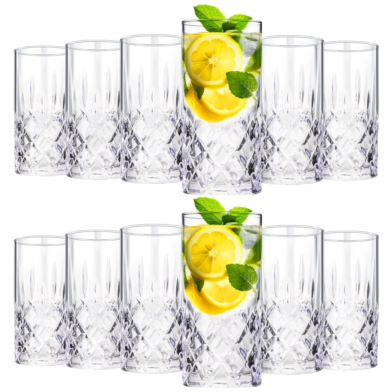 Set of 12 Tall Highball Glasses 12 oz Crystal Drinking Glasses Clear Fancy Cups Vintage Textured Designer Glassware for Cocktail Tea Water Beer Soda Beverages, Dishwasher Safe (Classic Style)