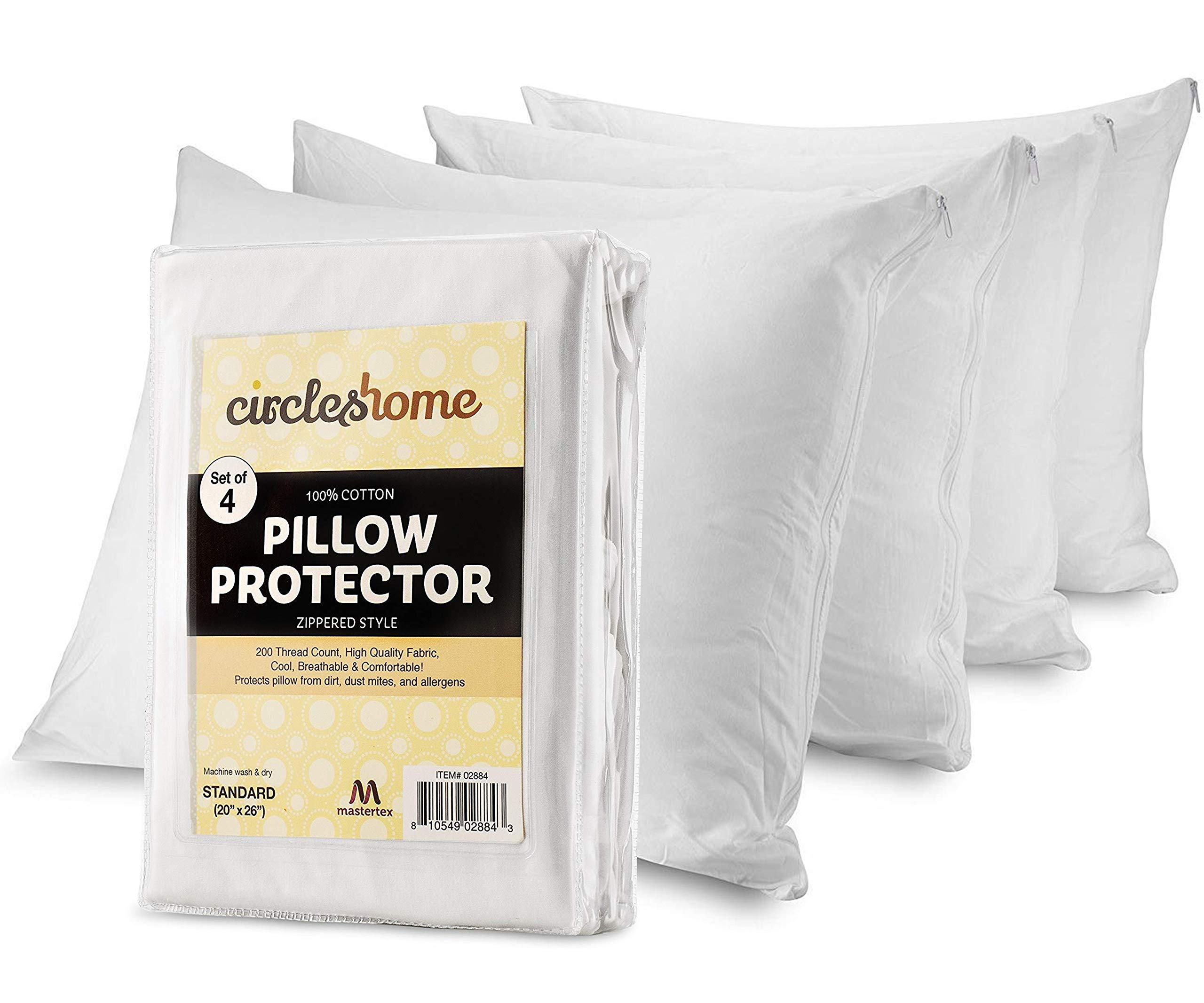 CIRCLESHOME Pillow Protectors 4 Pack Standard Zippered - 100% Cotton Breathable Pillow Covers - Protects Pillows from Dirt, Dust and Debris (Standard - Set of 4 - 20x26)