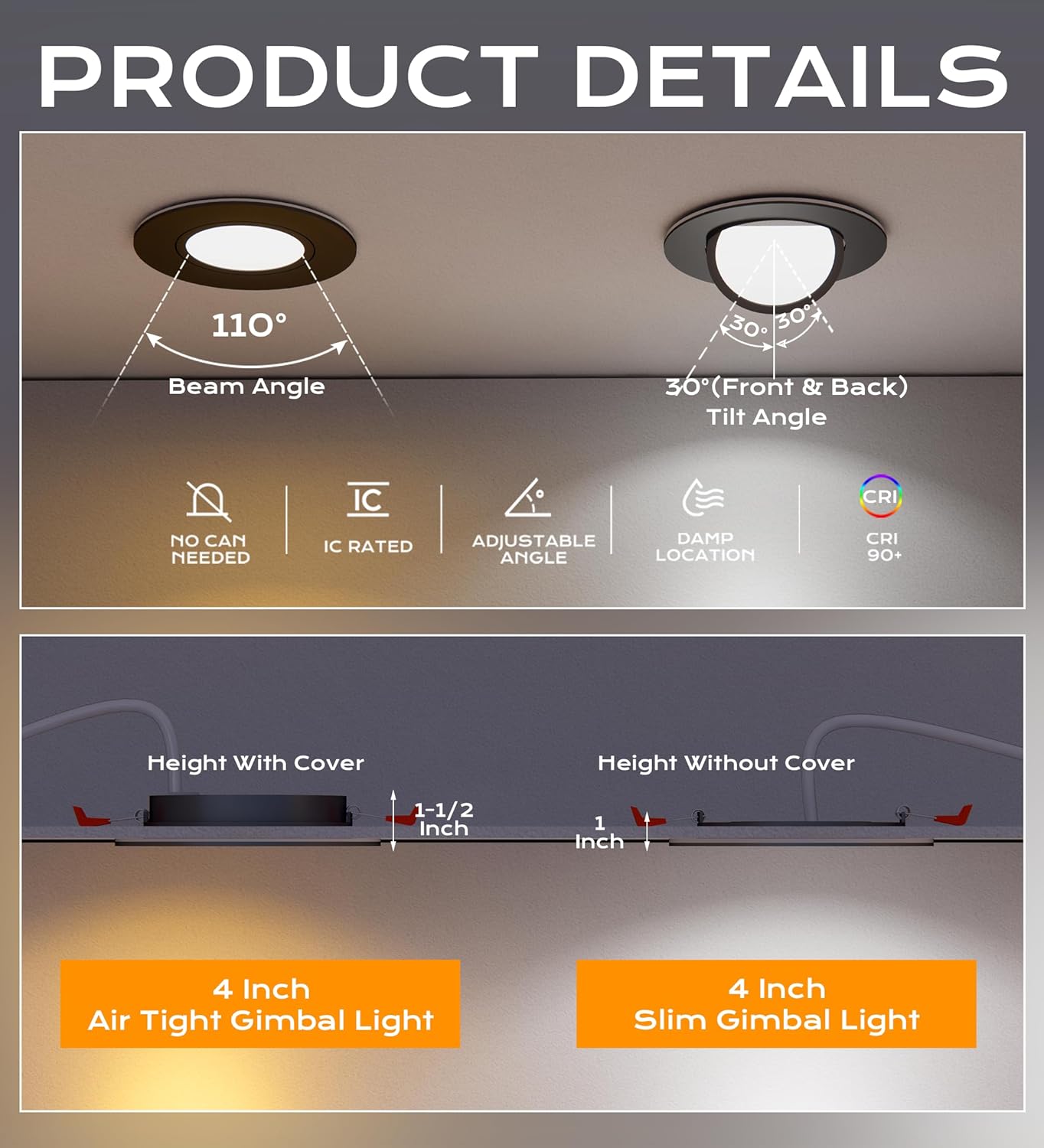 CLOUDY BAY [4 Pack] 4 inch 5 Color Swivel LED Gimbal Recessed Light with Junction Box IC Rated Air Tight,120V CRI90+,2700K/3000K/3500K/4000K/5000K Selectable,Black