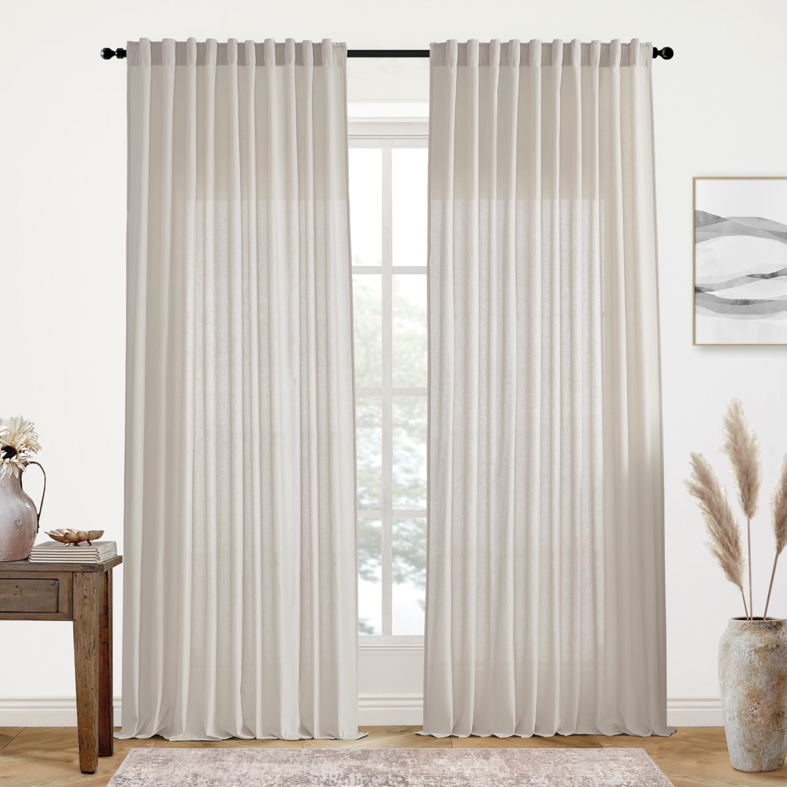 Xtmyi Oatmeal Country Curtains for Living Room, Sheer Linen Shabby Chic Curtains for Bedroom 70 Inches Wide 96 Inches Long
