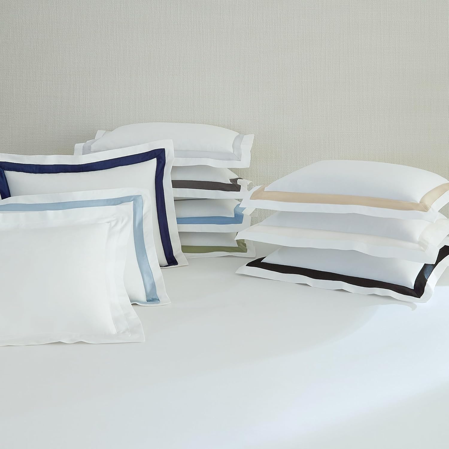 Sferra Estate Collection - 100% Long-Staple 200 Thread Count Cotton Percale with Sateen Appliqué - Cooling, Soft, and Breathable Bed Linens, 4pc King Sheet Set, White/Sea