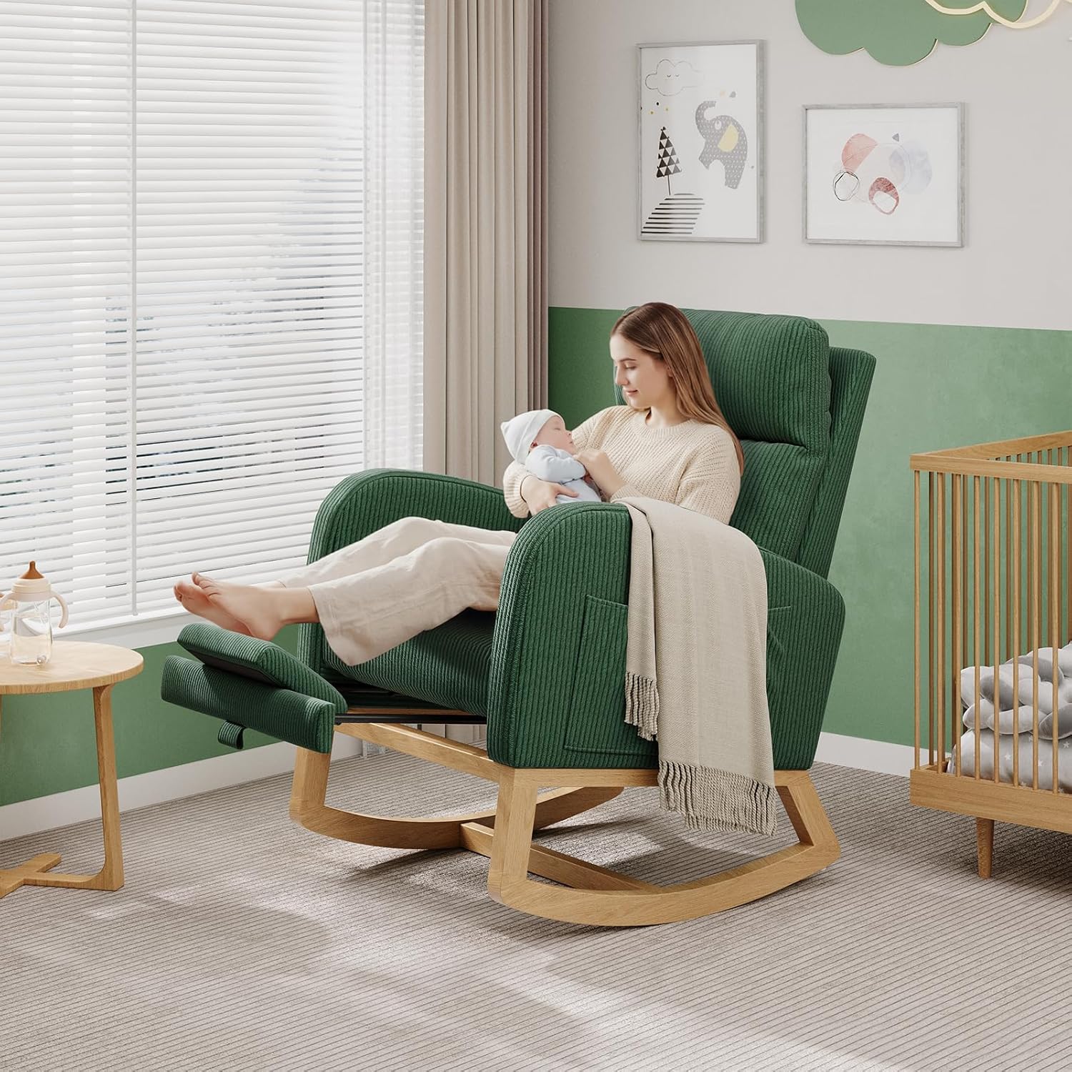 GarveeHome Corduroy Rocking Chair with Footrest, Modern Nursery Glider Chair with Side Pockets and Pillow, Rocker Chair for Living Room Bedroom Nursing Room, Green