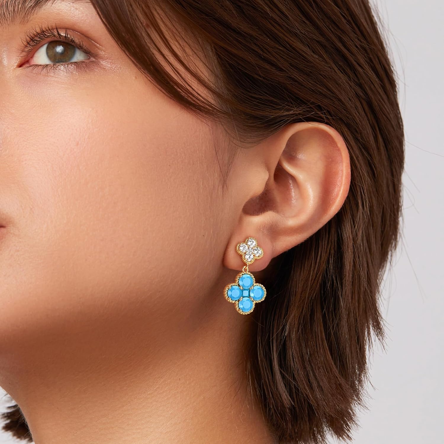 MTMY Dangle Earrings for Women 14K Gold Plated Four Leaf Clover Dangling Drop Birthstone Stud Earrings Trendy Flower Birthstone Jewelry Birthday Gifts - Image 3