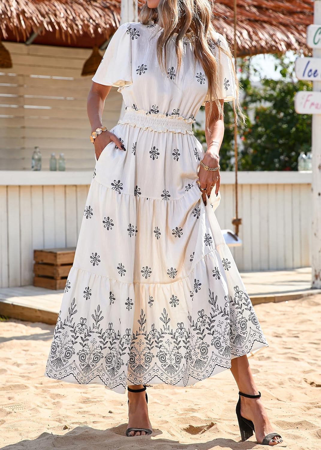KIRUNDO Floral Maxi Dresses for Women 2026 Spring Summer Wedding Guest Short Sleeve Smocked Waist Flowy Beach Vacation Dress - Image 7