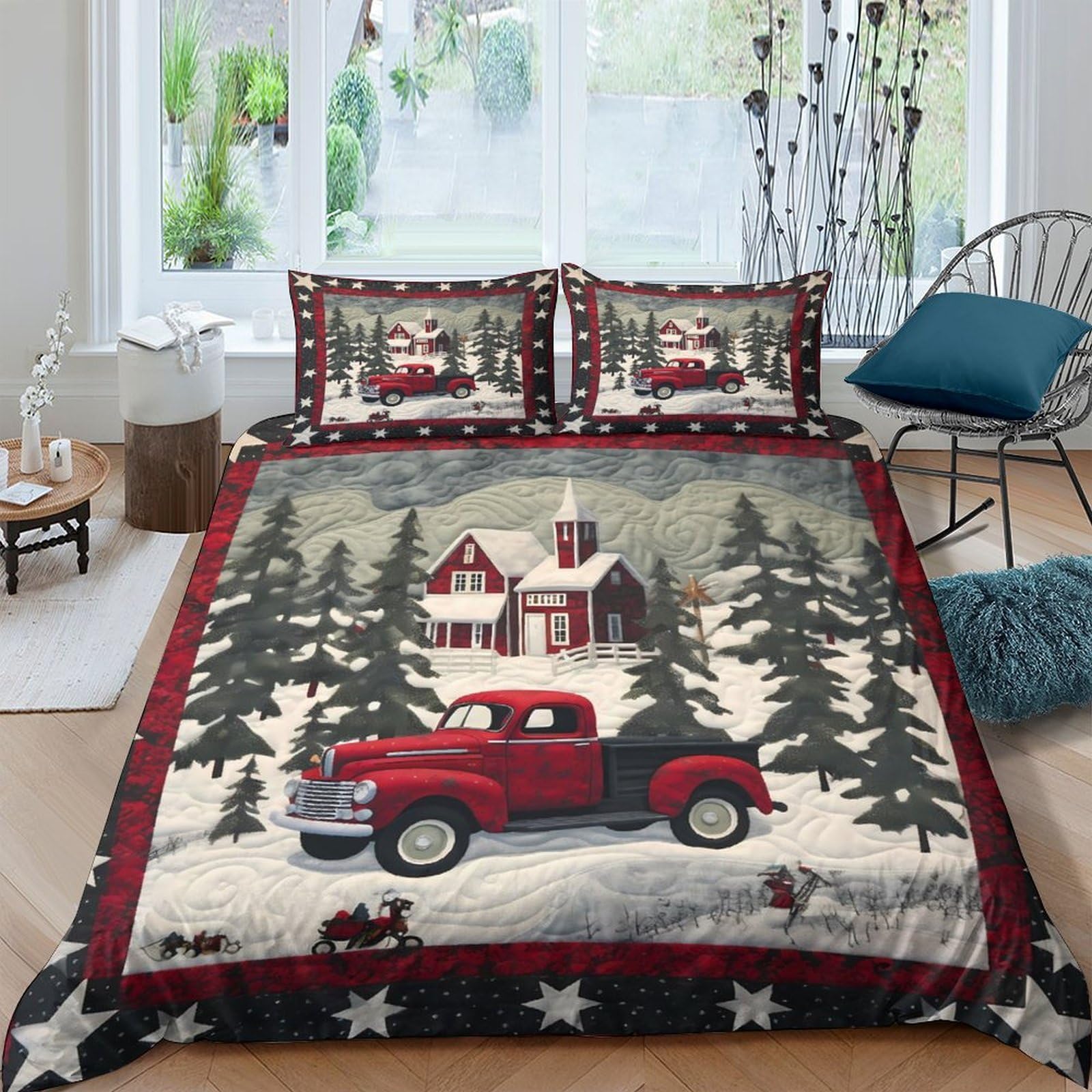 Ctjqhvkz Style-5 3D Printed Christmas Red Truck Fitted Sheet Microfiber Winter Cabin Forest Bed Cover For Bedroom Guest Room Mattress Protection Single（135X200cm）