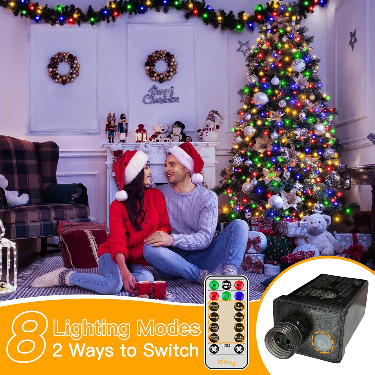 Ollny Christmas Tree Lights 400LED 8.2ft*16 Strings with Ring, 8 Lighting Modes 3 Timers Dimmable Christmas Lights Indoor/Outdoor with Remote, Waterproof for Xmas Decor (Multicolored)