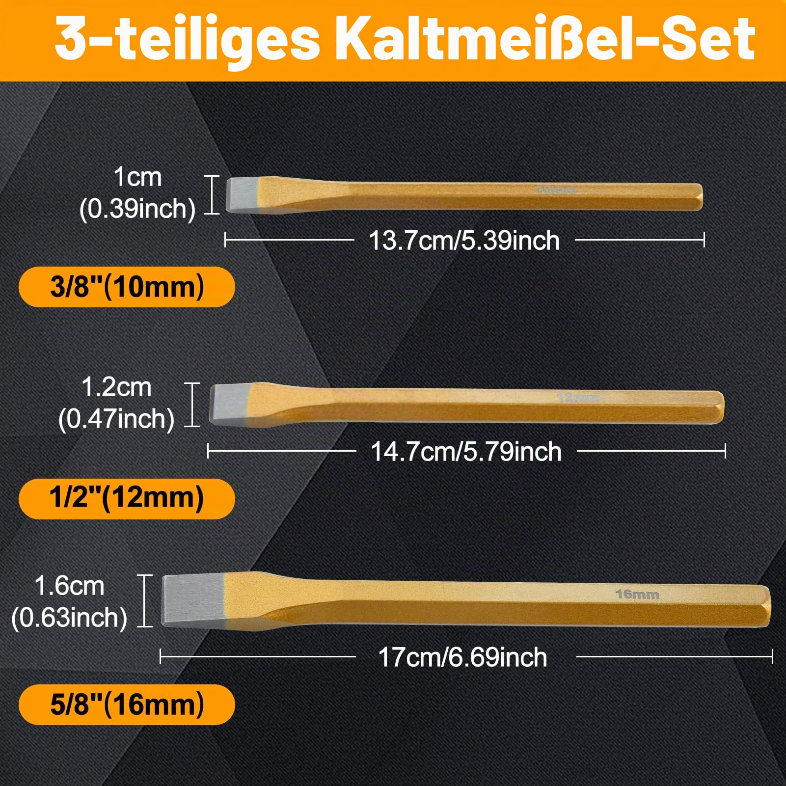 SPEEDWOX 3-teiliges Heavy Duty Kaltmeißel-Set, 3/8 Zoll, 1/2 Zoll, 5/8 Zoll, Metall, Burel-Set, Cold Steel Rock, Burel wird in einer aufrollbaren Aufbewahrungstasche zum Schneiden von Nieten und