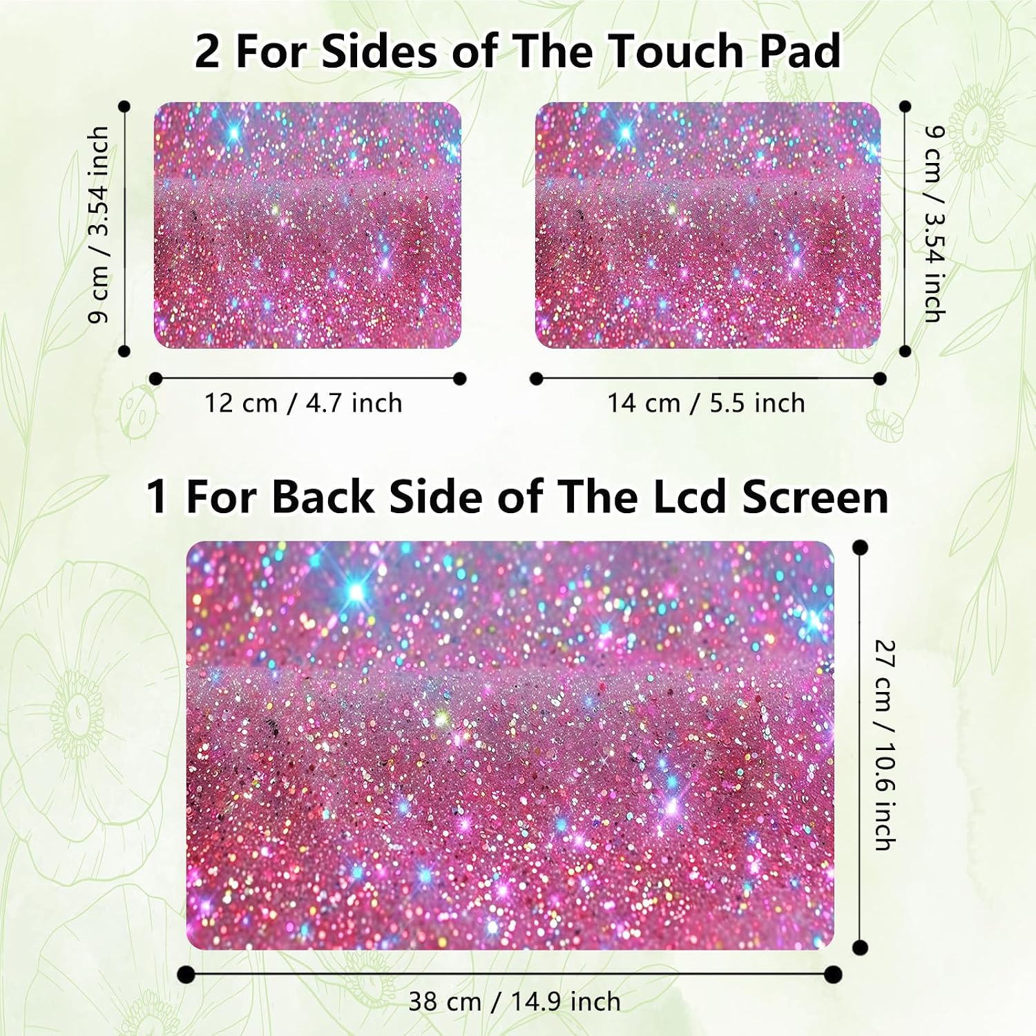 Laptop Skin Sticker Decal, Universal Reusable Vinyl Laptop Cover for 12" 13" 13.3" 14" 15" 15.4" 15.6" Notebook PC, Waterproof Scratch-Resistant with 2 Wrist Pads, Easy to Apply & Remove,Pink Sparkle