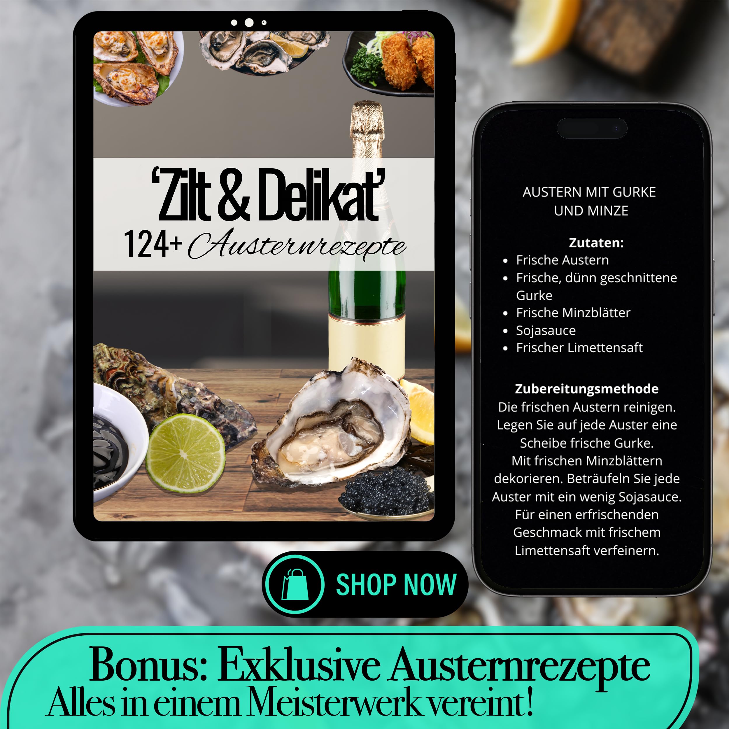 Ten® Geschenkset Austernmesser Schwarz mit RVS Austernhandschuh & Holz Austernhalter + 124 Austernrezepte - Geschenkverpackung