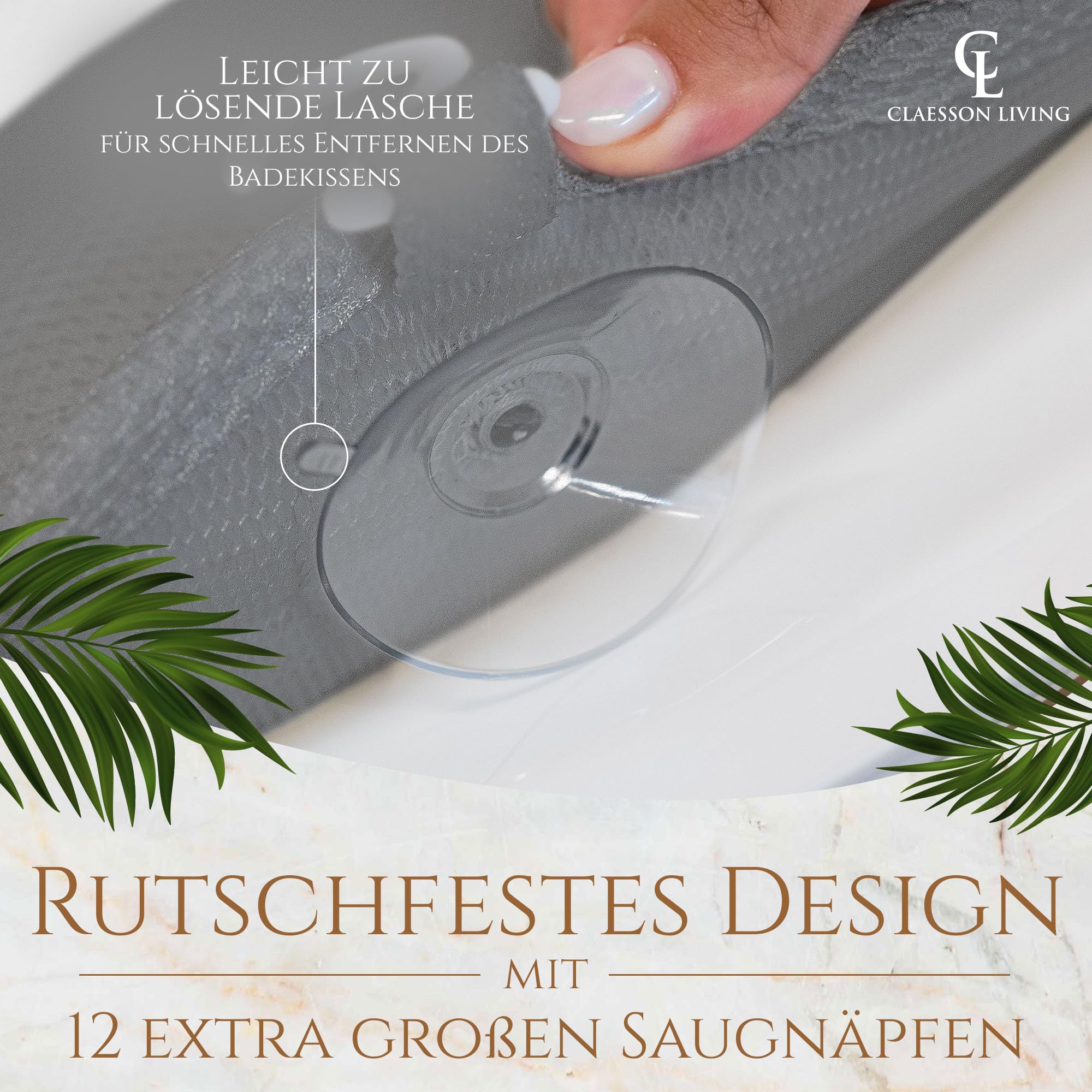 Badewannenkissen Ganzkörper Badekissen (125x43cm) - Badewannenmatte mit Kopfstütze unterstützt Nacken, Rücken und Beine - Mit Wasch- und Reisebeutel und Hängehaken für schnelles Trocknen - Grau