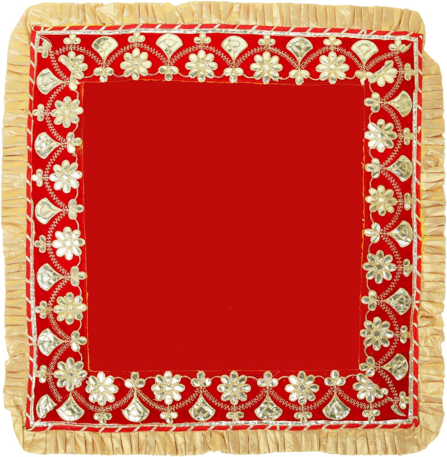 Velvet Pooja Cloth - Large Decorative Mat (26" x 26") for Multipurpose Indian Traditional Ethnic Pooja Festival Decorations - Laxmi(Red)