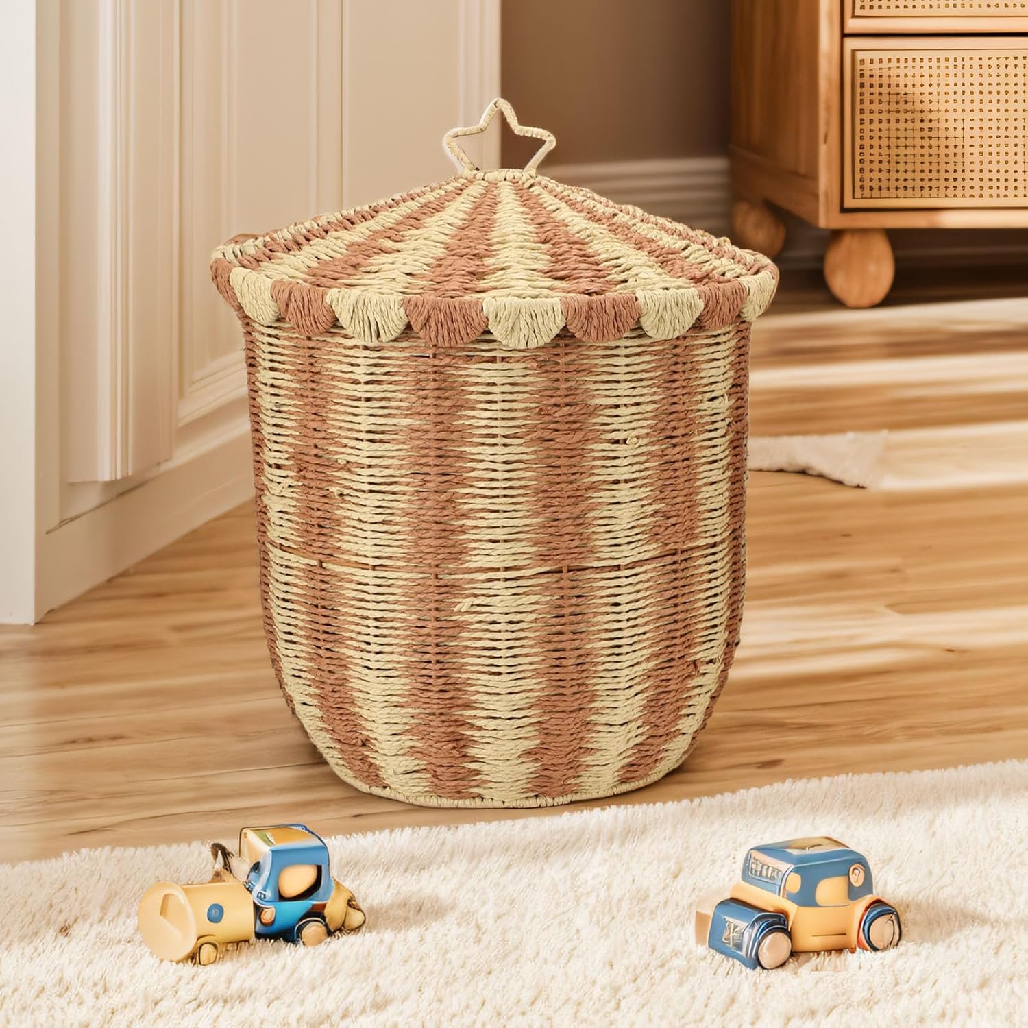 Woven Storage Basket Retro Coffee Color Rattan Iron Large and Small Woven Organizer for Clothes Toys Dorm Bedroom Game Room Organizer (2 Pcs)