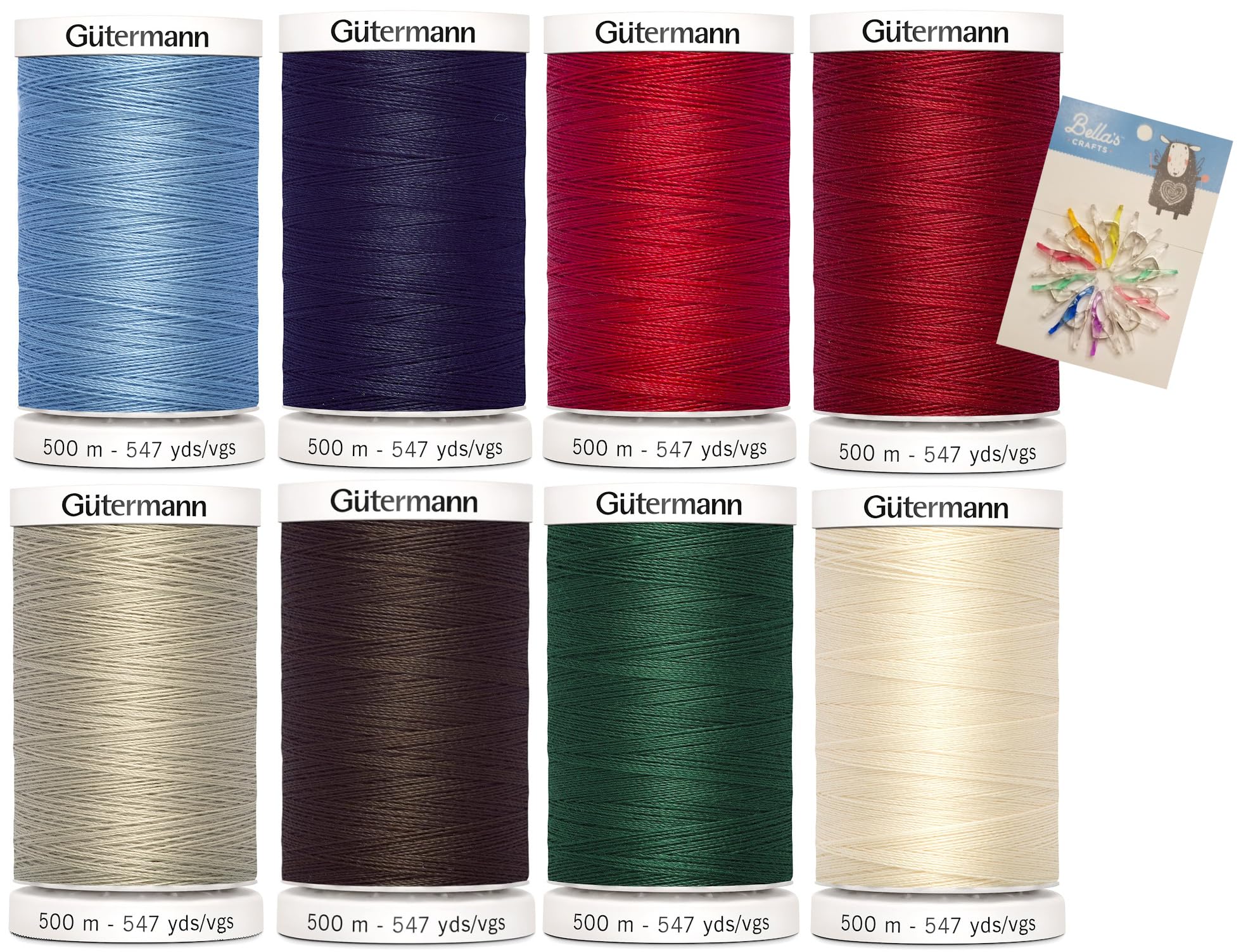 Gutermann - Hilo para coser (547 yardas), paquete de 8 colores básicos con mini clips de costura Bella's Crafts