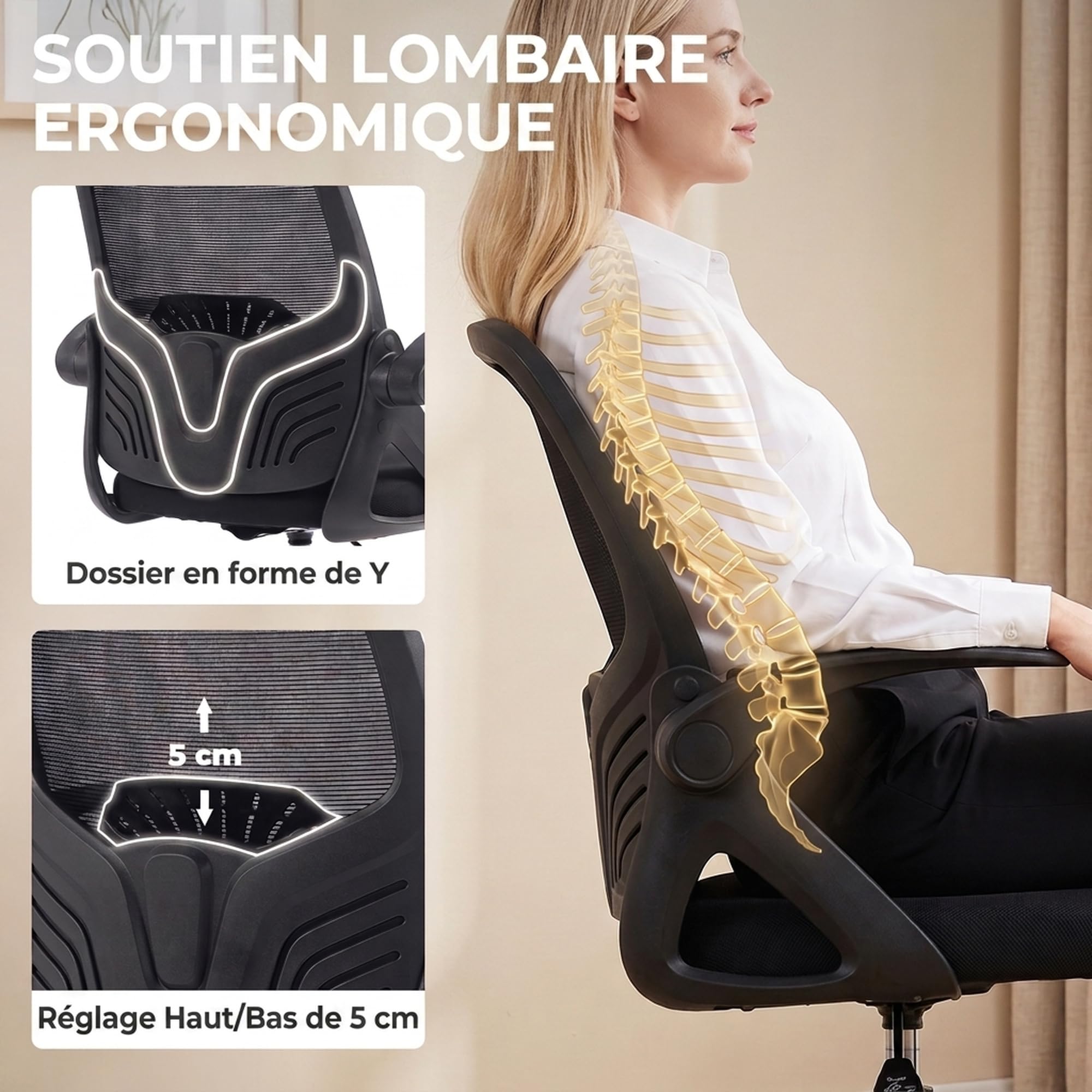 HOMCOM Chaise Bureau Ergonomique avec Soutien Lombaire Réglable Noir