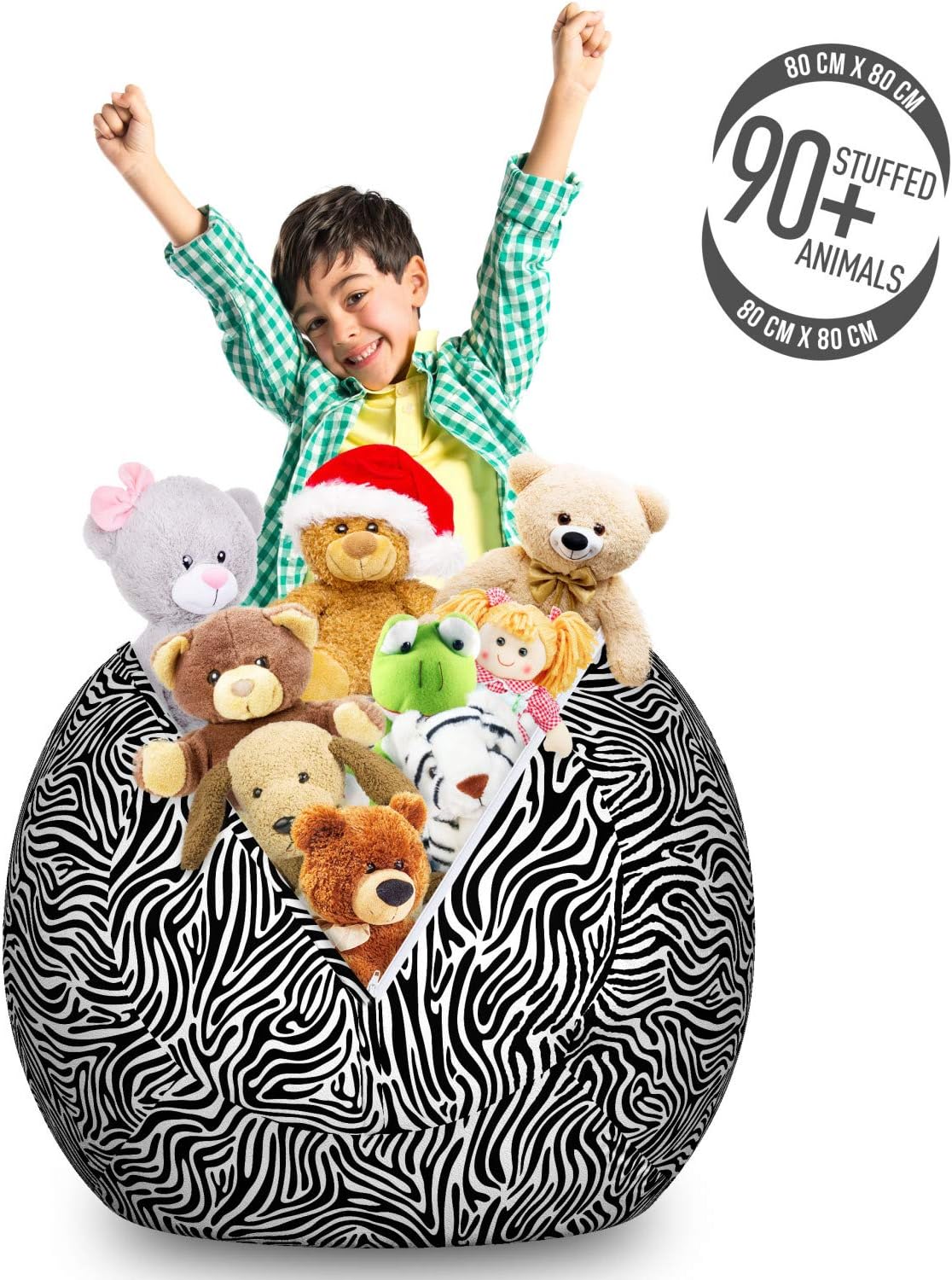 Lunarable Savannah Storage Toy Bag Chair, Marbling Art Inspired Design of Wavy Style Zebra Stripes Animal Print Texture, Stuffed Animal Organizer Washable Bag, Large Size, Black and White