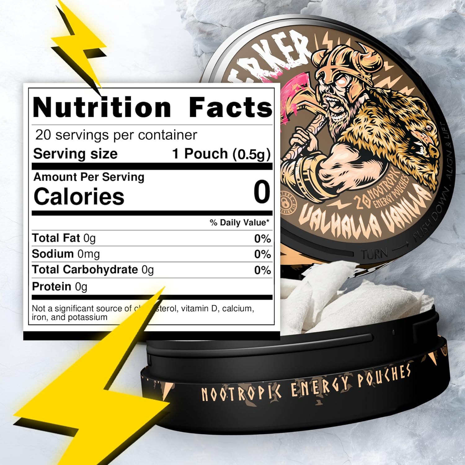 Berserker Focus Pouches - Valhalla Vanilla - Caffeine Infused - 100mg Per Pouch - Nootropic Enhanced - 10 Pack - Tobacco & Nicotine Free - Energy Drink Replacement
