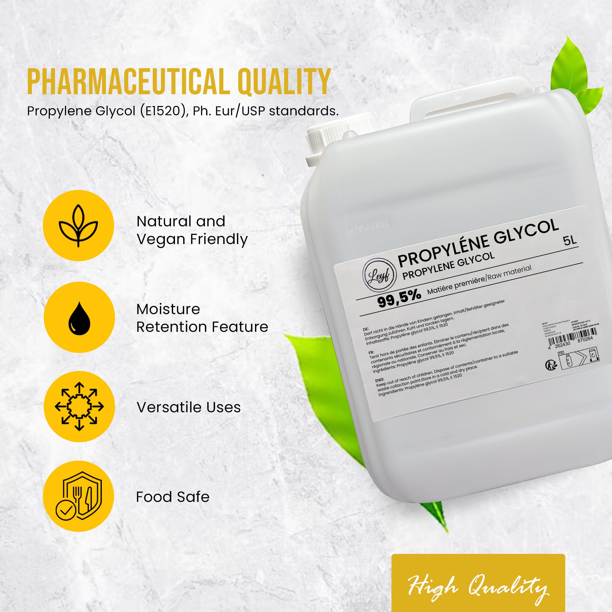 Leyf 5000 ml Propylenglykol E1520, Perfekt für DIY, Pharmaqualität 99,7% Reinheit, Lebensmittelqualität, Raw Material PG, Rein, Vegan, Ph. Eur/USP, 5L