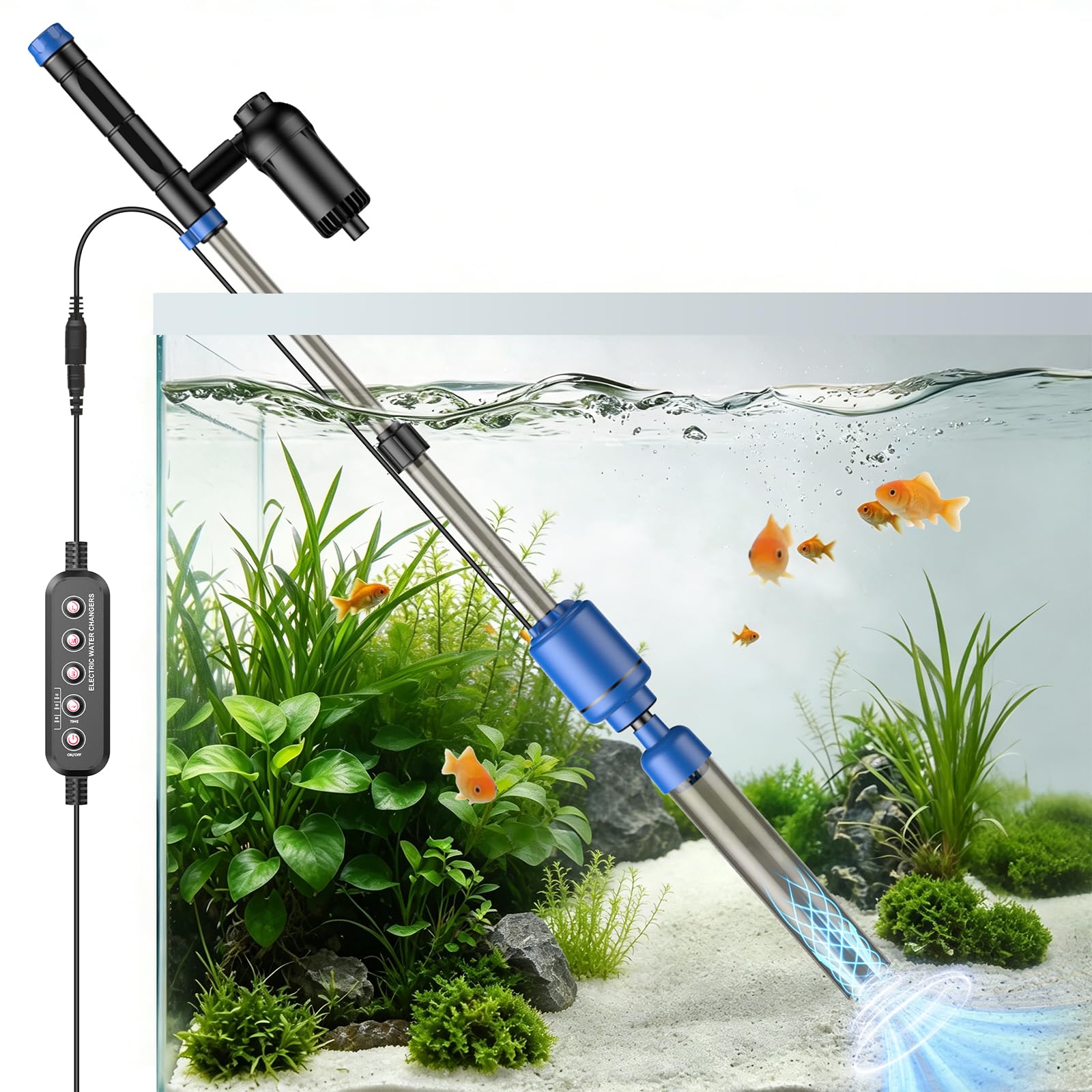 bedee Aspiradora de grava para acuario, aspiradora eléctrica de 24 W, limpiador de acuario multifuncional 6 en 1 para cambio automático de agua, arena de lavado, circulación de agua y apagado