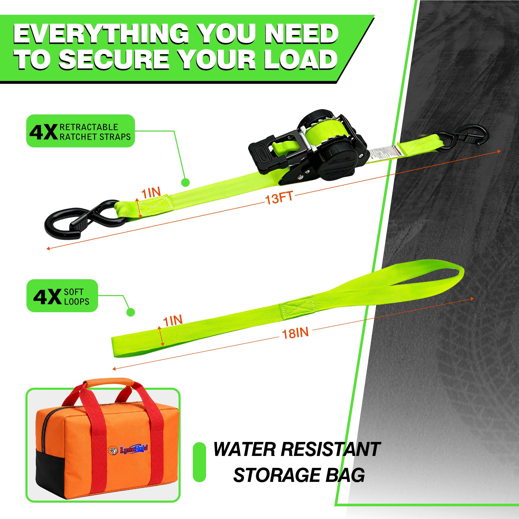 Retractable Ratchet Straps - 13ft, 1" Wide, 1800 Lbs -2 Retractable Ratchet Straps - 13ft, 1" Wide, 1800 Lbs -2