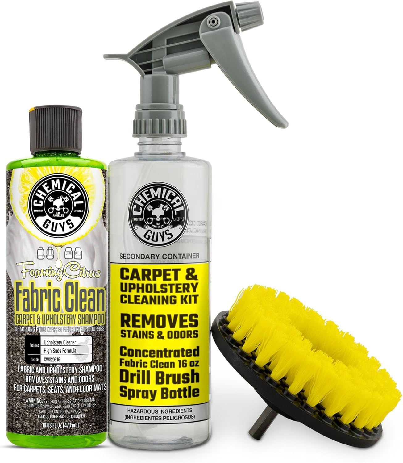 Chemical Guys Foaming Citrus Fabric Clean & Drill Brush Kit - High-Foaming Stain & Odor Remover for Car Carpets, Upholstery & Floor Mats - Deep Cleans & Deodorizes, Citrus Scent - 16 fl oz