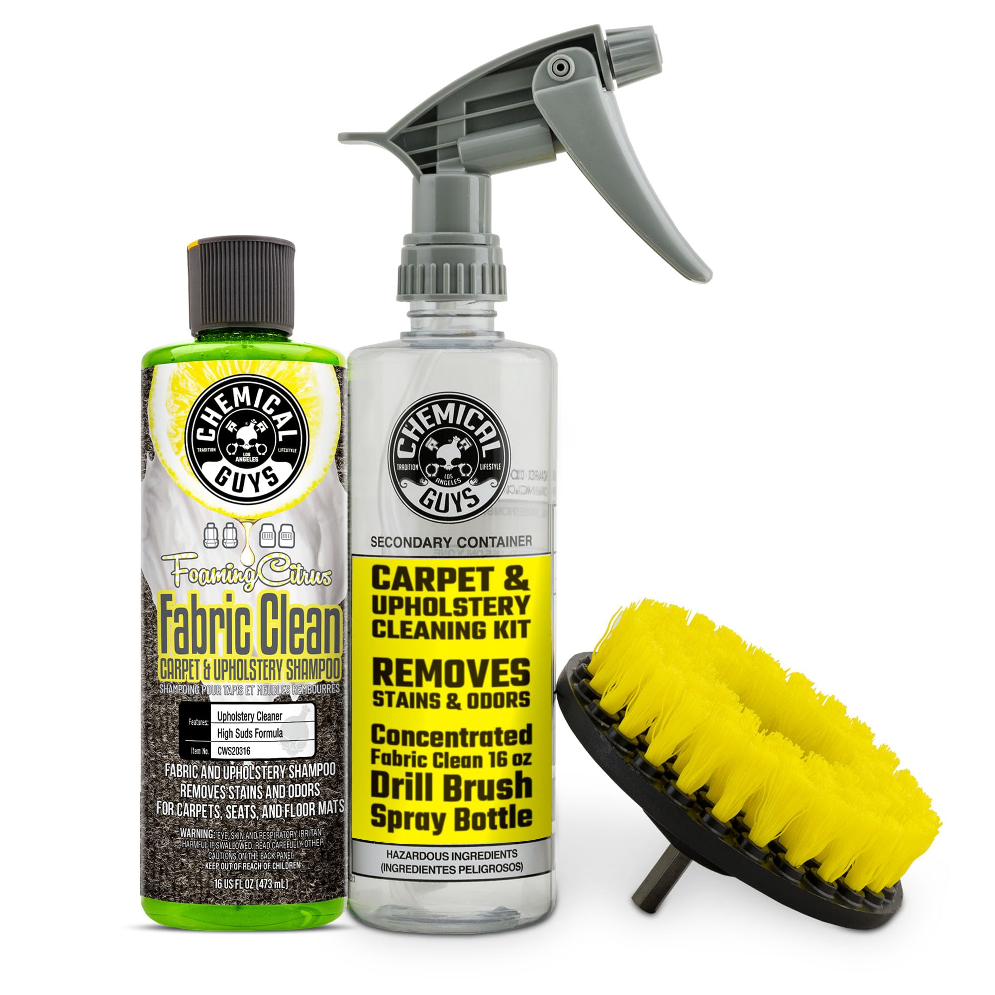Chemical GuysCWS203 - HOL315 Foaming Citrus Fabric Clean, Easy-to-Use Drill Brush Carpet & Upholstery Fabric Cleaning Kit (Car Carpets, Seats & Floor Mats), 16 fl oz, Citrus Scent