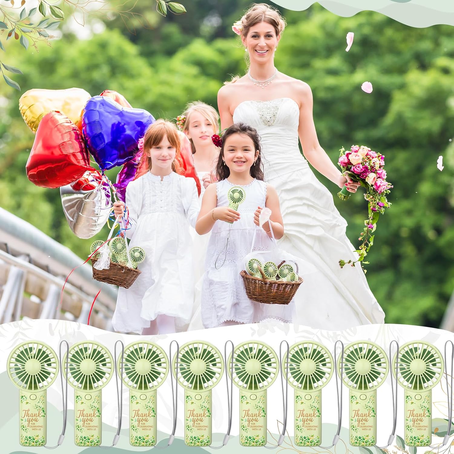 VIHOSE 50 Pcs Handheld Fans for Wedding Guests Bulk, Portable Electric Personal Fans with Thank You Print Ceremony Bridal Shower Party Supplies, Battery Not Include(Leaf,Green)
