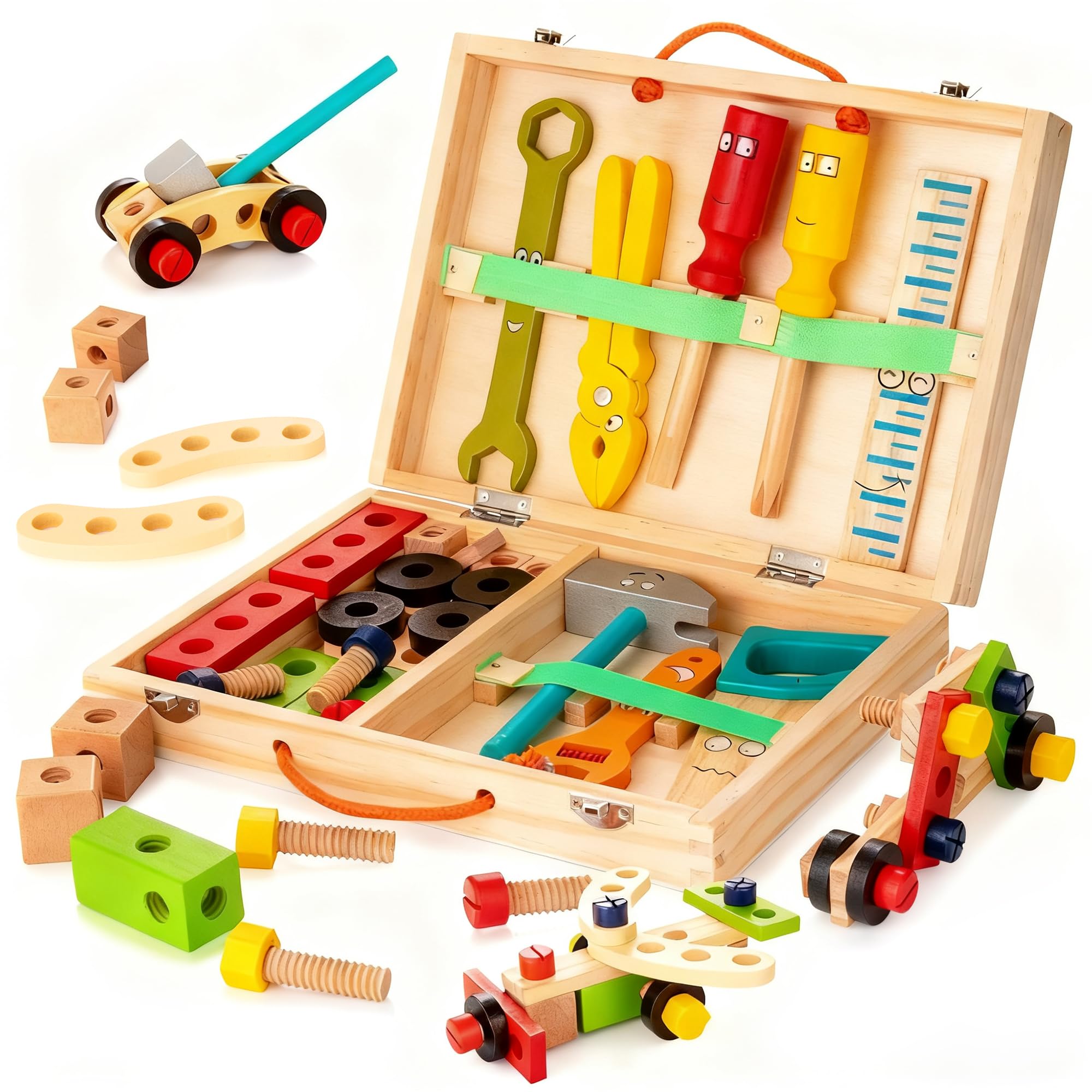 KIDWILL Tool Kit for Kids, Wooden Tool Box with Building Toy Set Creative DIY Educational Construction (Pack of 33)