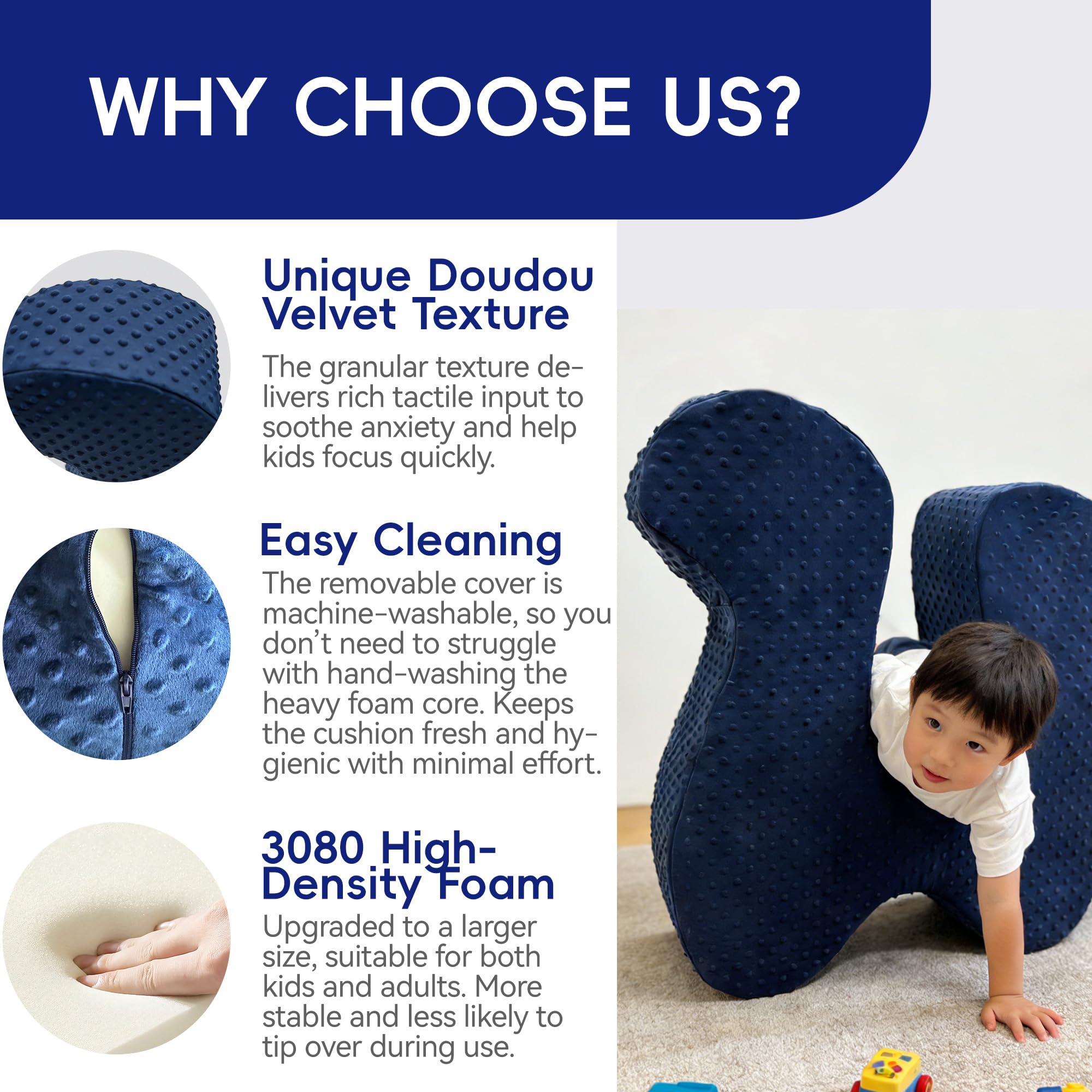 Dinosauro Sensory Soft Squeeze Seat per bambini | 28 pollici grande blu profondo pressione peapod | Sedia a dondolo in schiuma per chi cerca autismo ADHD | Calmante accogliente canoa terapia