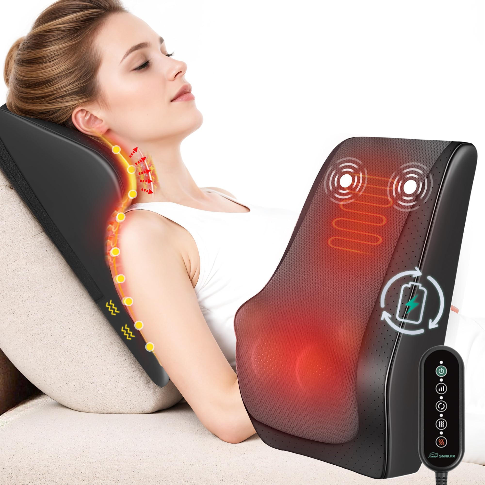Snailax Cordless Shiatsu Neck Massager with Heat Vibration Back Neck Shoulder Massager for Pain Relief Deep Tissue 4D