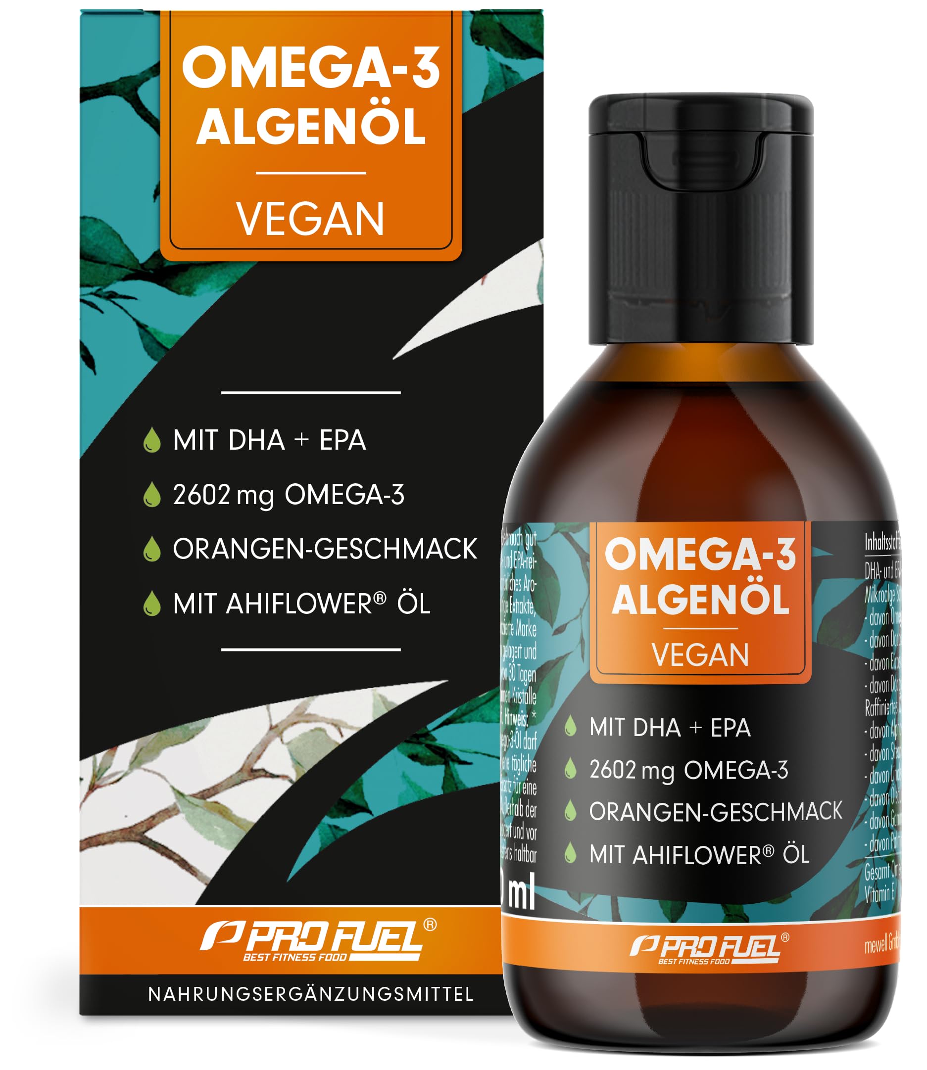 Omega-3 Algenöl 100 ml - hochdosiert mit 3665 mg Algenöl, davon 1203 mg DHA & 667 mg EPA - veganes Omega-3 Öl + Ahiflower® Öl mit angenehmem Orangen-Geschmack - laborgeprüft mit Zertifikat