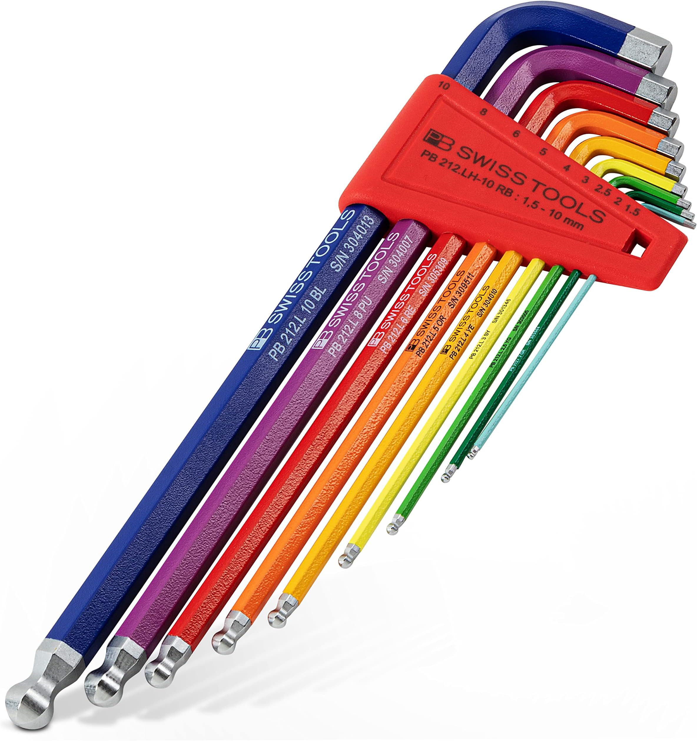 Rainbow Hex Key Set PB 212.LH-10 RB CN | 100% Swiss Made | 9-Piece Allen Wrench Set Color Coded by Size 1.5-10mm with Ball End