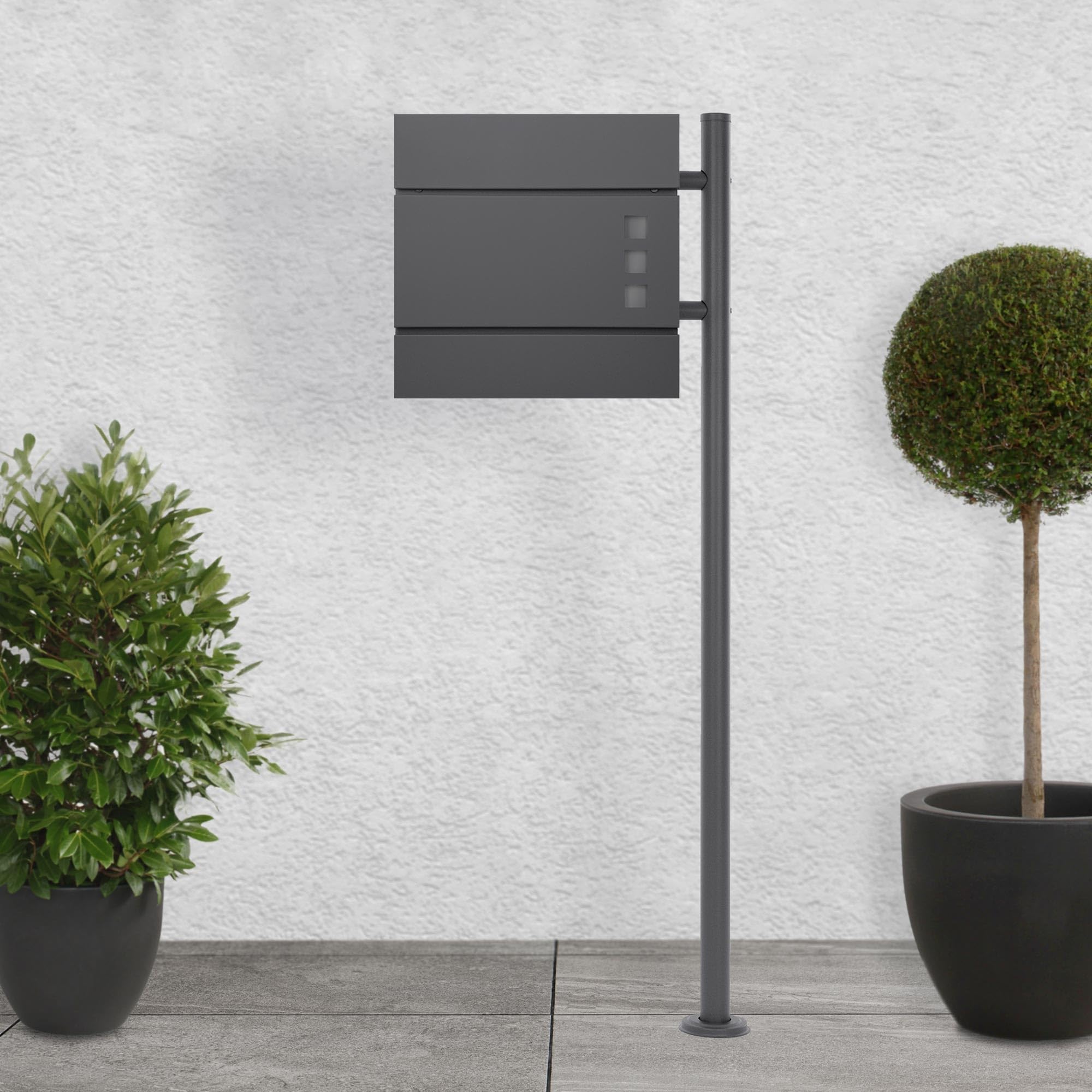 ECD Germany Buzón de Acero Inoxidable Exterior con Soporte Poste 120cm Casillero Antracita 37x10,5x36,5cm, Moderno con Compartimento para Periódicos, Placa de Identificación Cerradura con Llave