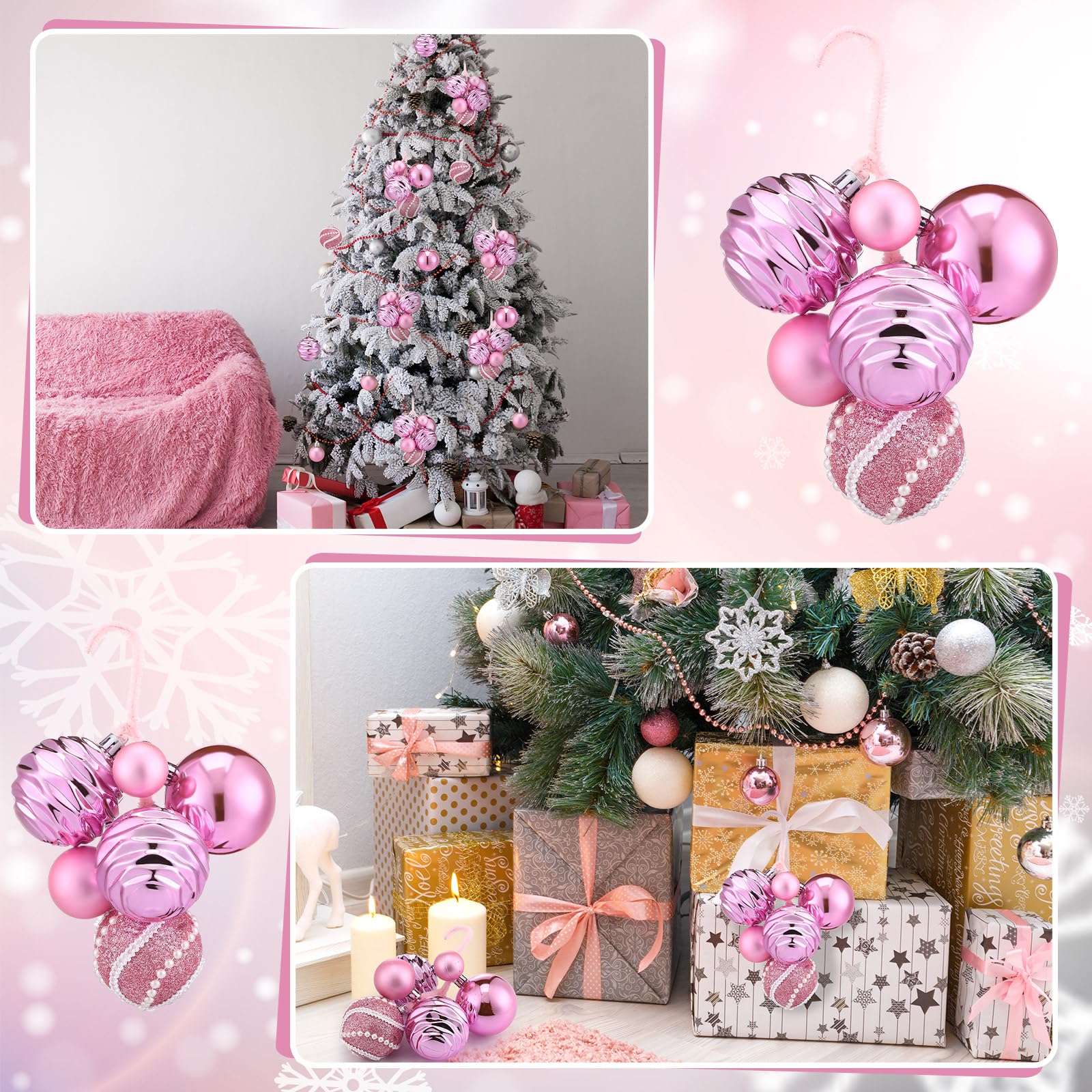 Soulchen Lot de 6 grappes de boules de Noël roses à paillettes à suspendre à la main pour décoration d'intérieur de Noël - 3 à 6,1 cm